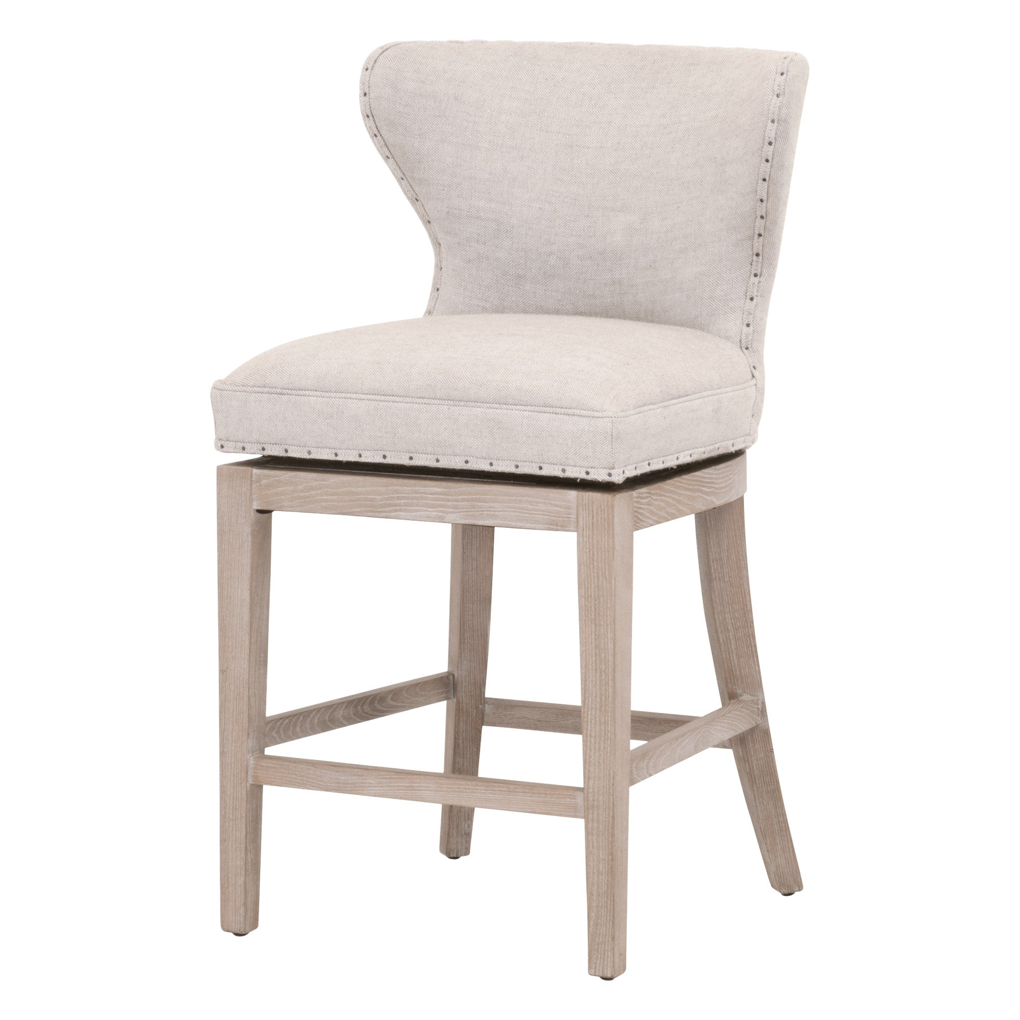 Milton swivel counter stool with Bisque French Linen upholstery and natural gray ash-wood frame by Essentials For Living