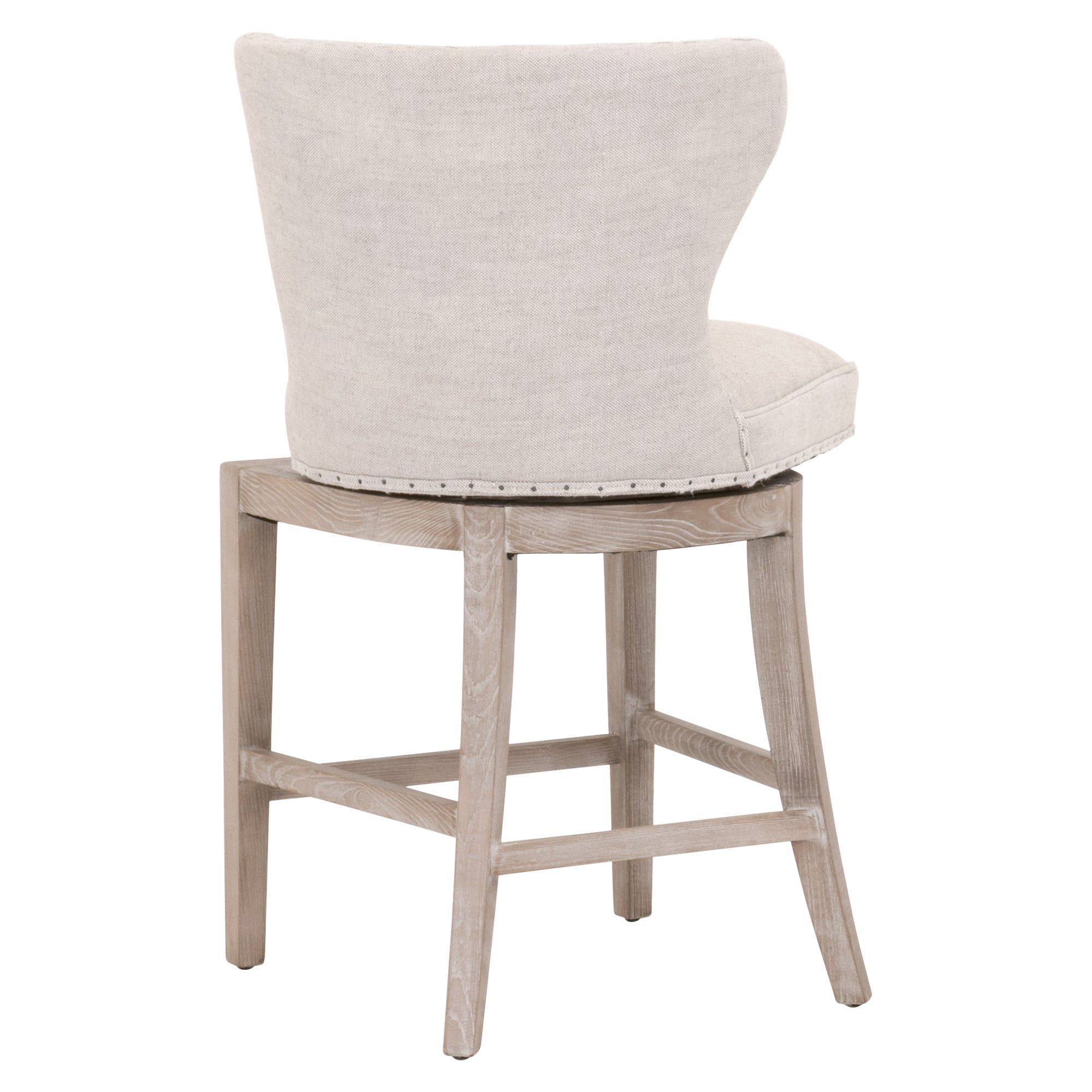 Essentials For Living Milton swivel counter stool with bisque linen upholstery and natural gray ash-wood frame viewed from back