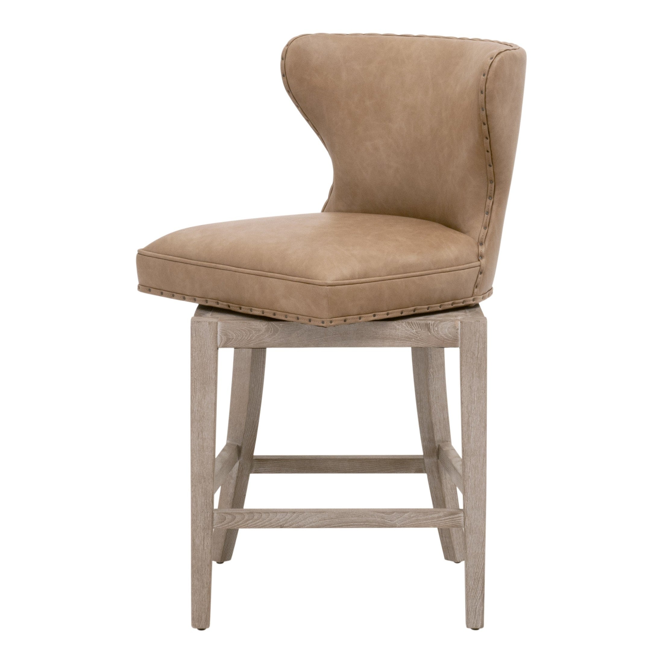 Essentials For Living Milton swivel counter stool with Bisque French Linen upholstery and natural gray ash-wood frame