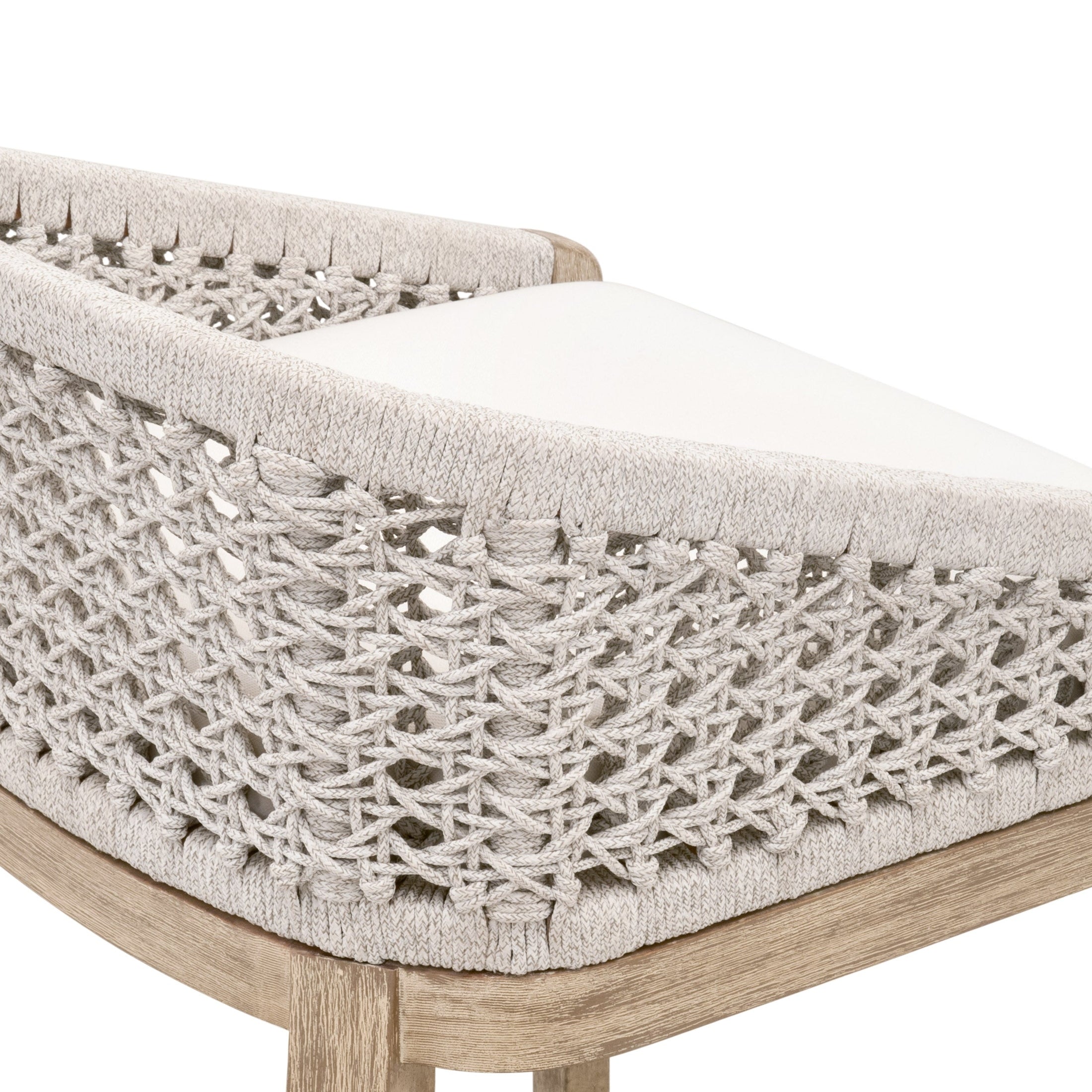 Close-up of handwoven white-speckle rope seat on Montecito Counter Stool by Essentials for Living