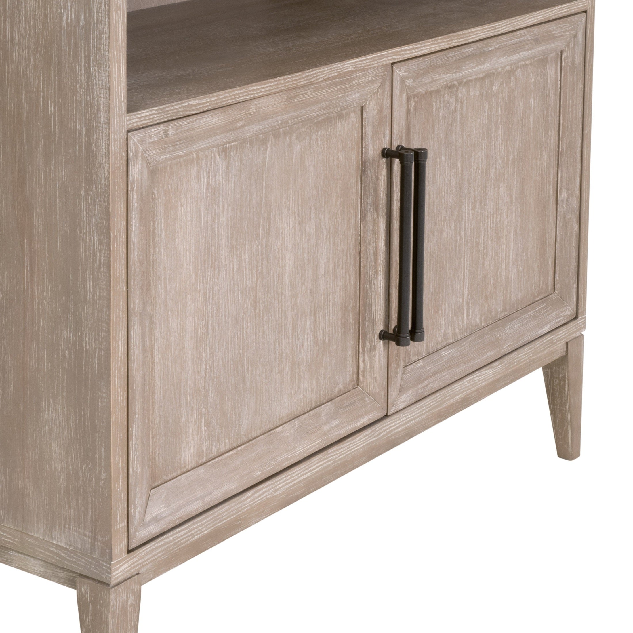 Close-up of the lower cabinet doors on the Morris Storage Bookcase in natural gray acacia by Essentials for Living