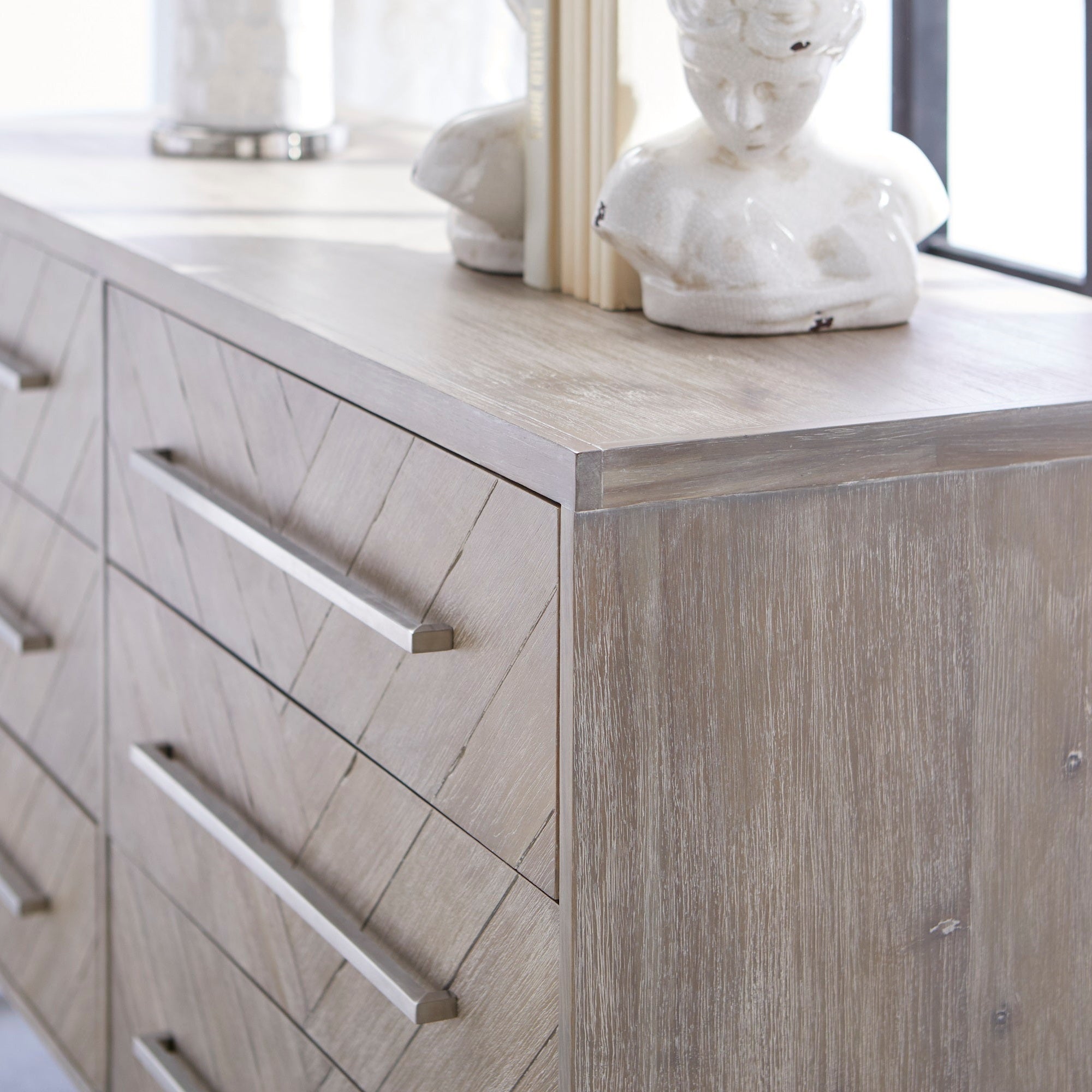 Mosaic 6-Drawer Double Dresser with herringbone acacia veneer and stainless steel base by Essentials for Living