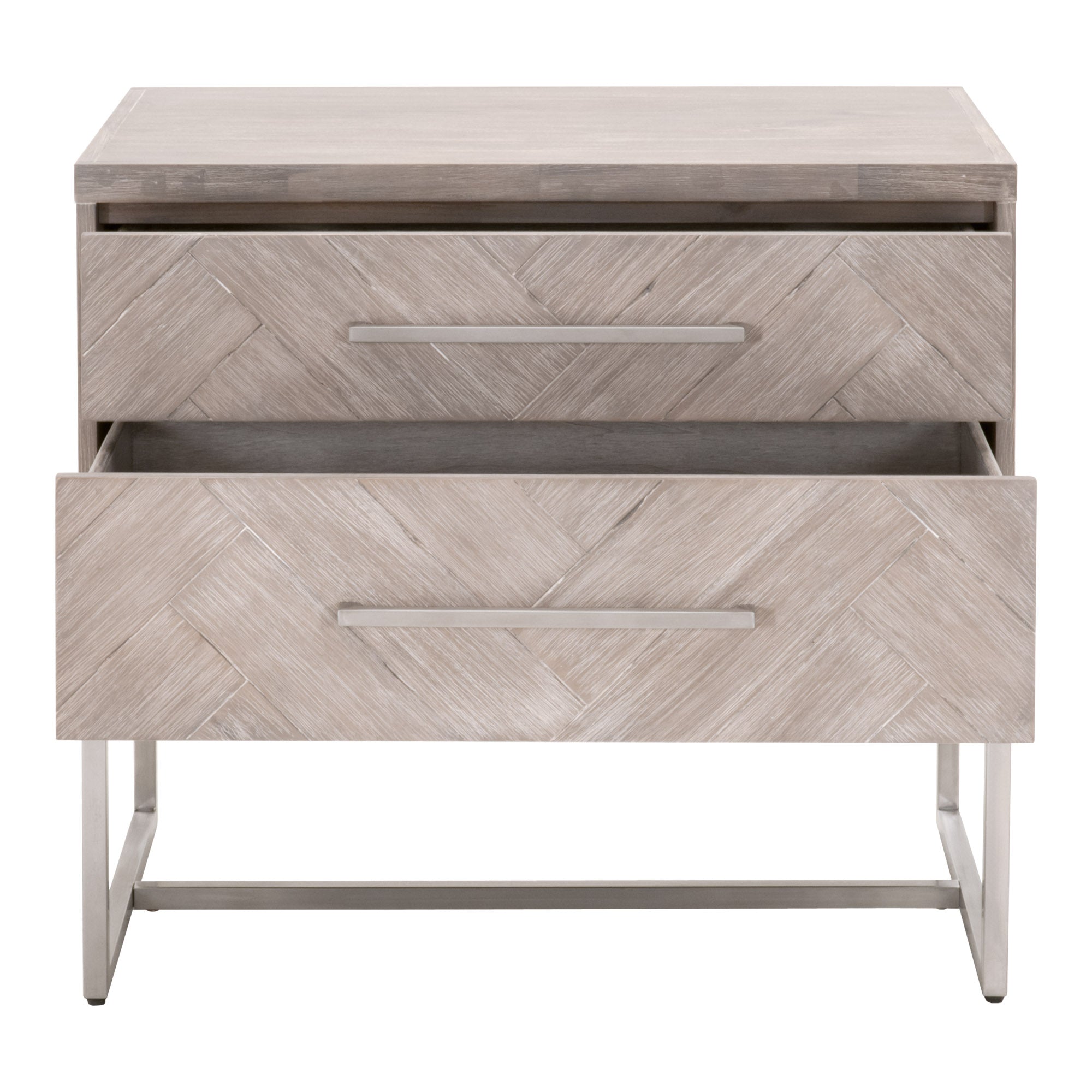 Mosaic 2-Drawer Nightstand in natural gray acacia veneer with brushed stainless steel base by Essentials for Living