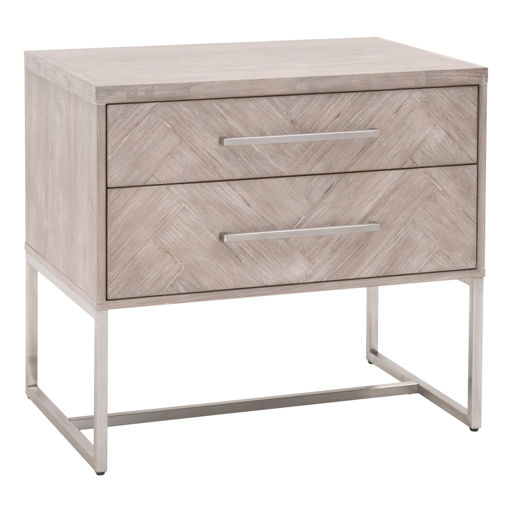 Mosaic 2-Drawer Nightstand with gray acacia veneer and brushed stainless steel base by Essentials for Living.