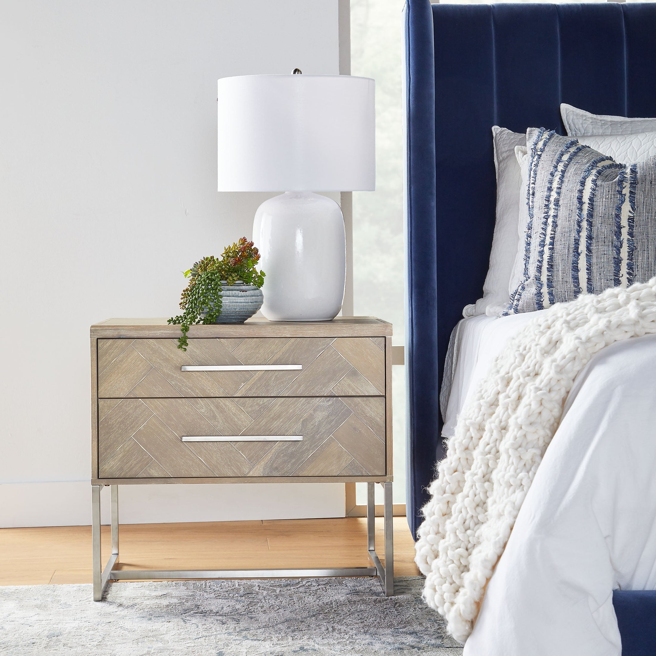 Mosaic 2-Drawer Nightstand with natural gray acacia veneer and stainless steel base by Essentials for Living