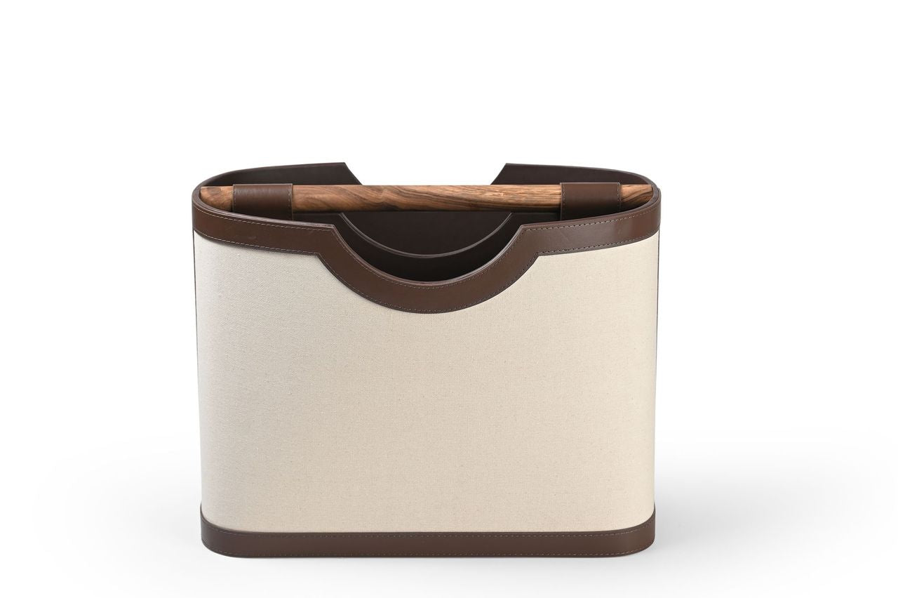 Nola Magazine Basket in linen with leather trim and dual-handle design