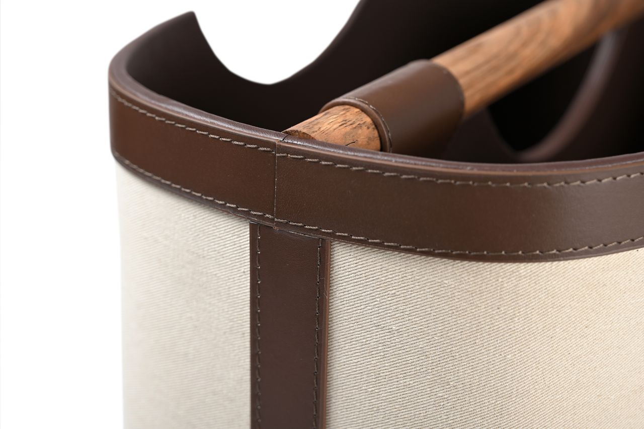 Nola Magazine Basket in linen with leather trim and dual-handle design