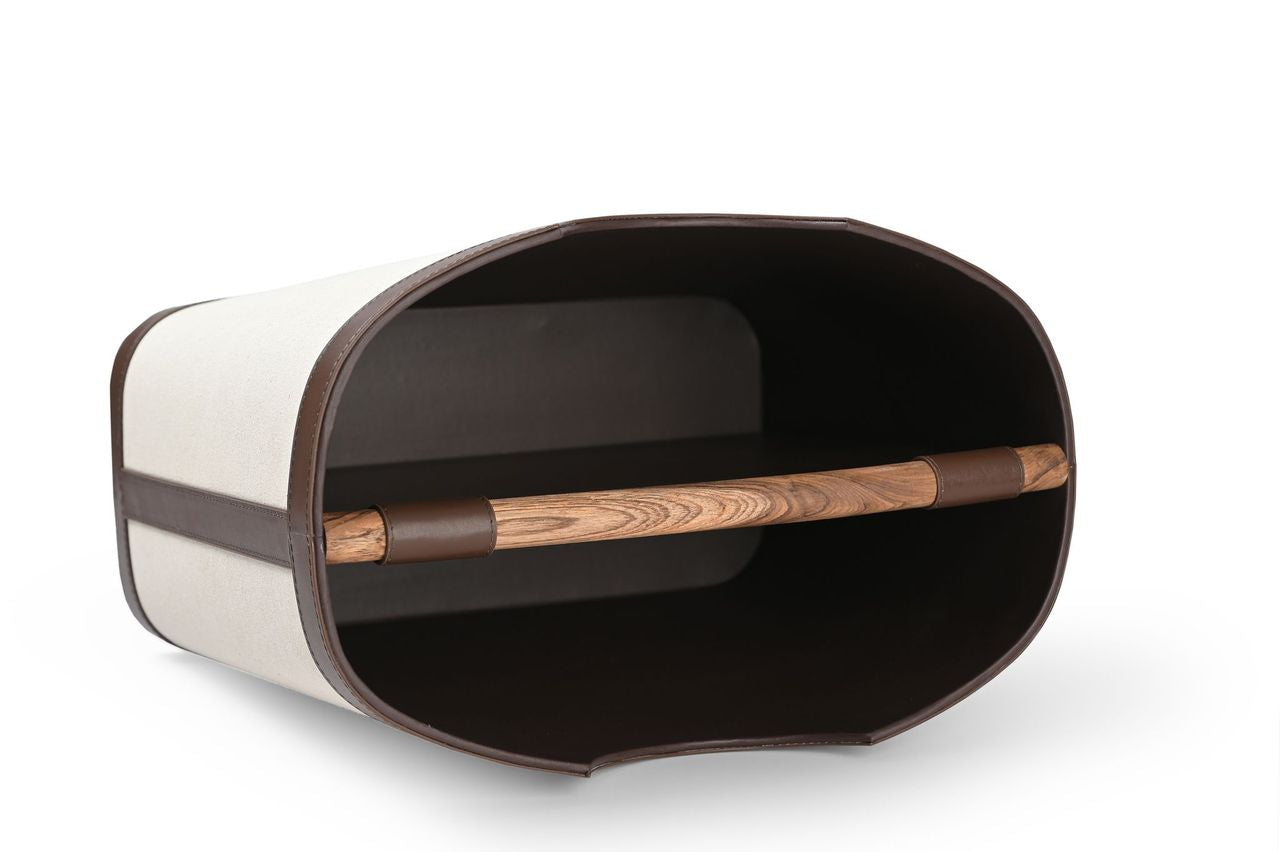 Nola Magazine Basket in linen with leather trim and dual-handle design