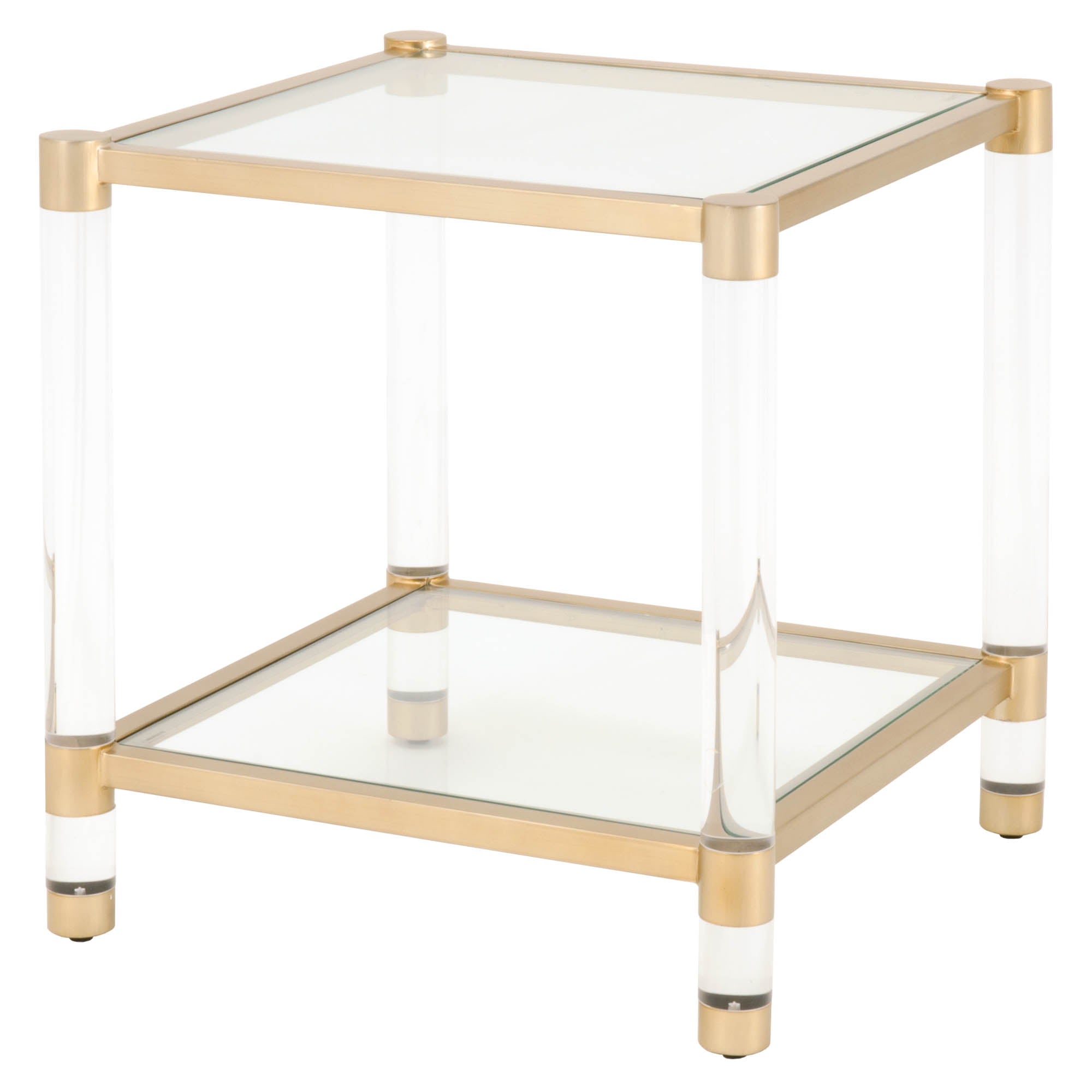 Nouveau End Table with brushed brass frame, clear glass shelves, Lucite legs by Essentials For Living
