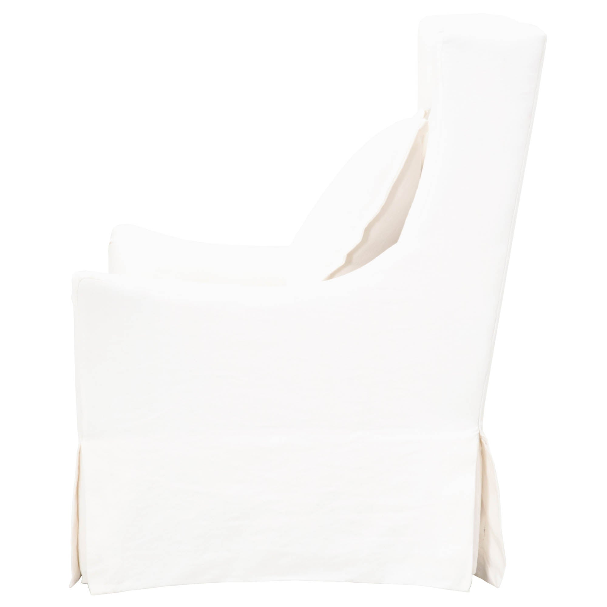 Side view of Otto Swivel Club Chair in cream crepe fabric with skirted base by Essentials for Living