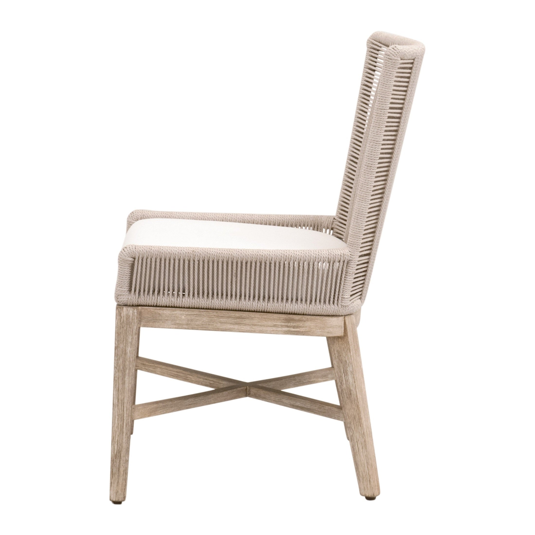 Side view of Overlay Dining Chair with oyster twist rope back and natural gray mahogany frame, Essentials For Living