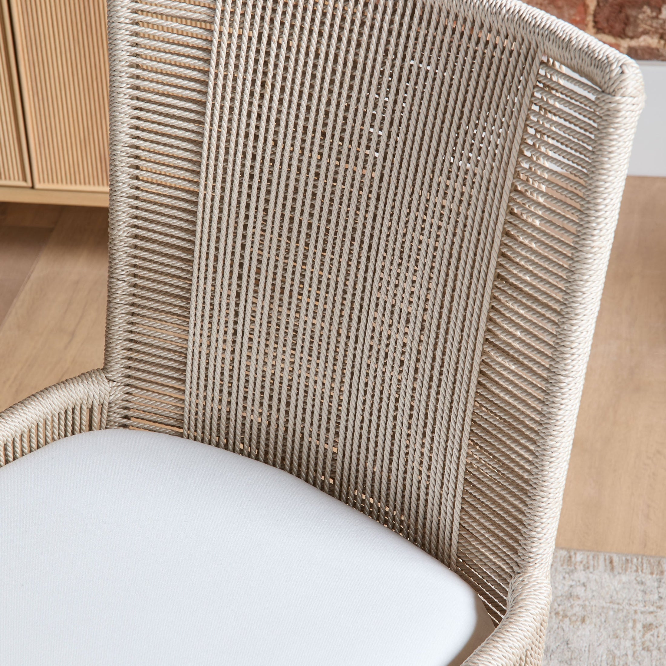 Close-up of Overlay Dining Chair with oyster twist rope backrest and LiveSmart Peyton-Pearl cushion by Essentials For Living