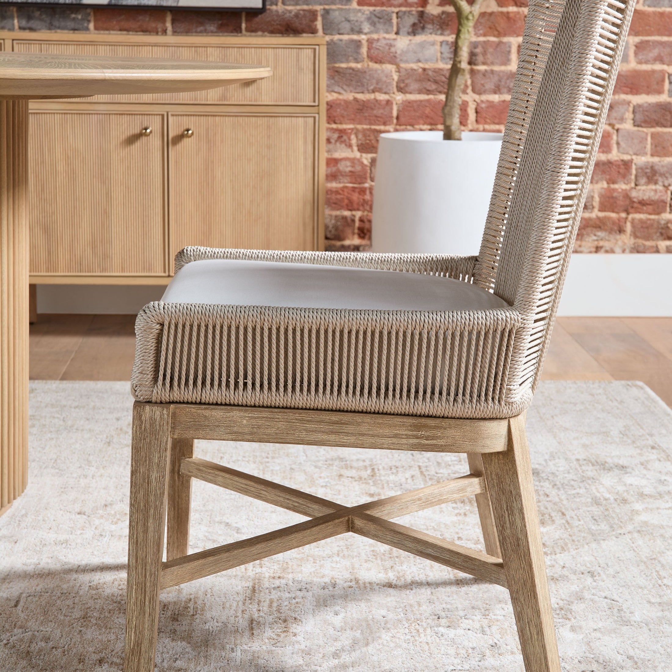 Overlay Dining Chair set of 2 with oyster twist rope backrest and natural gray mahogany frame by Essentials for Living