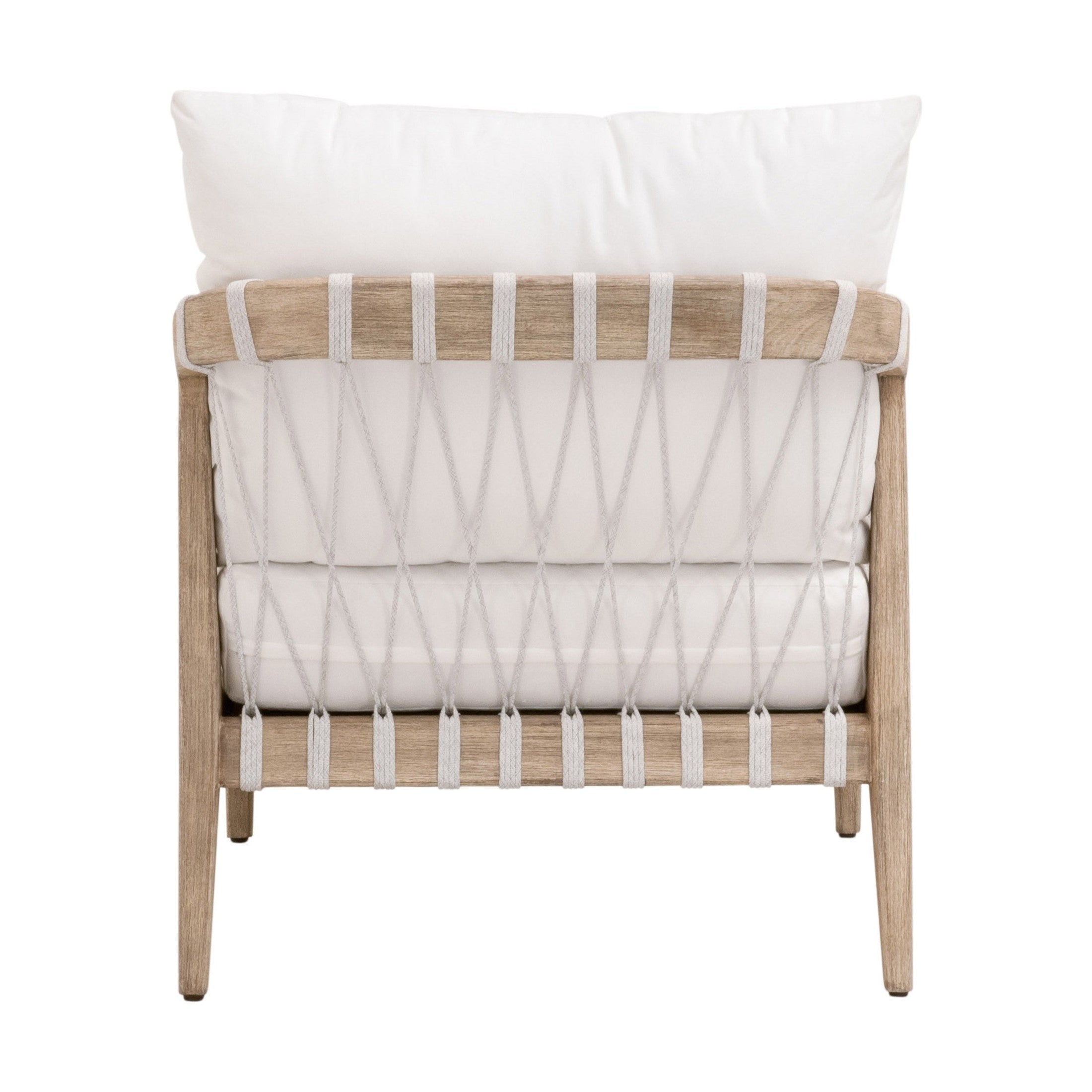 Back view of Pacific Club Chair with natural gray mahogany frame and white speckle flat rope by Essentials for Living