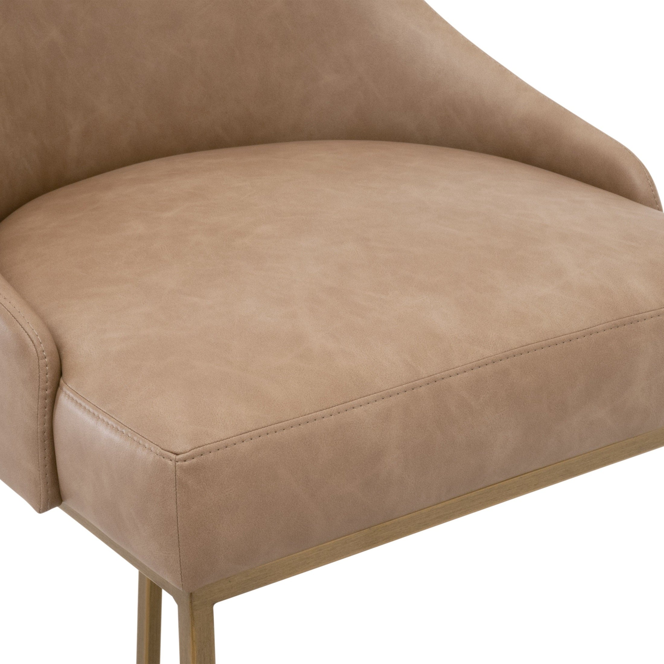 Close-up of beige leather cushioned seat with curved backrest on brushed gold steel frame counter stool set by Essentials for Living