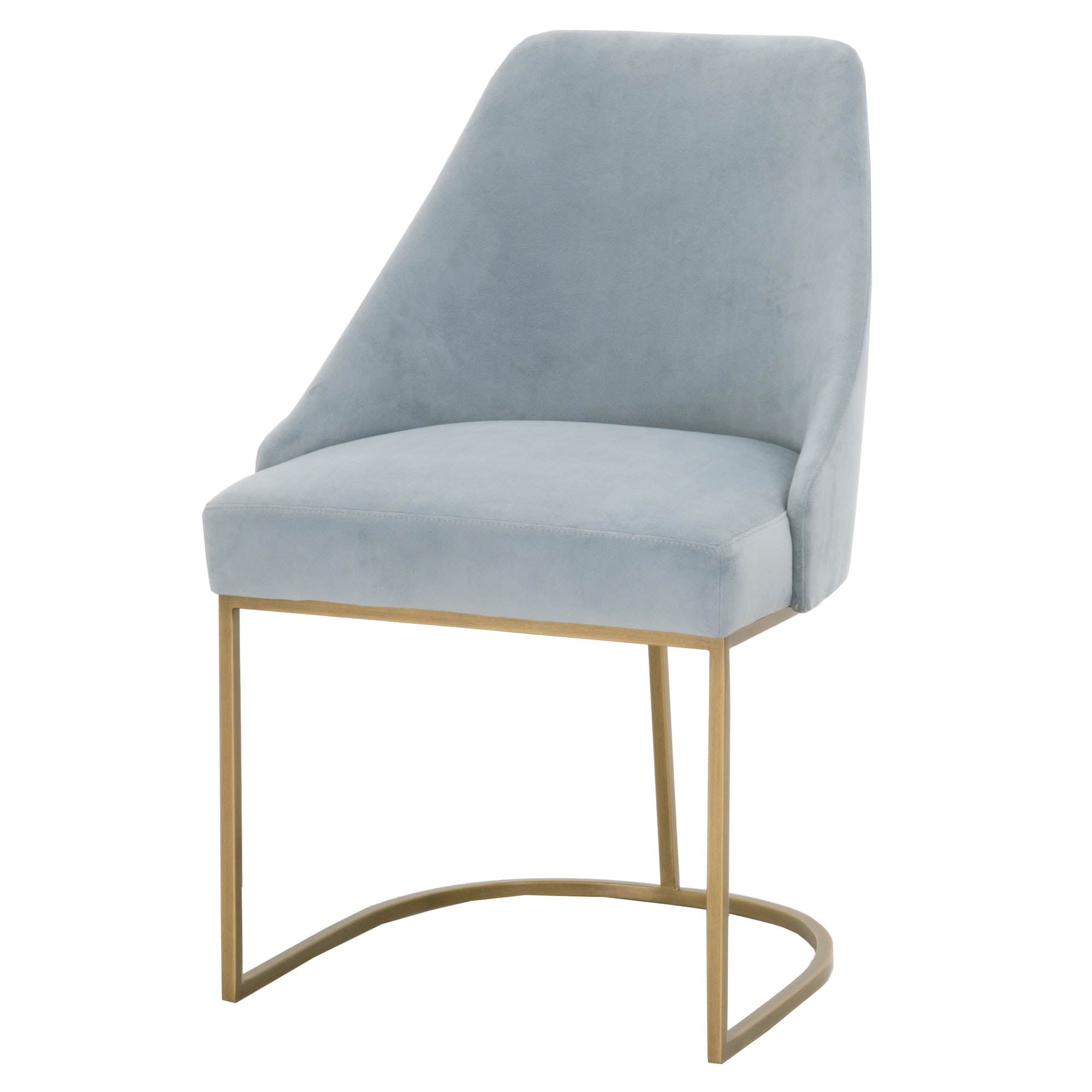 Modern dining chair with light blue upholstered seat and curved brushed gold steel cantilever frame by Essentials for Living