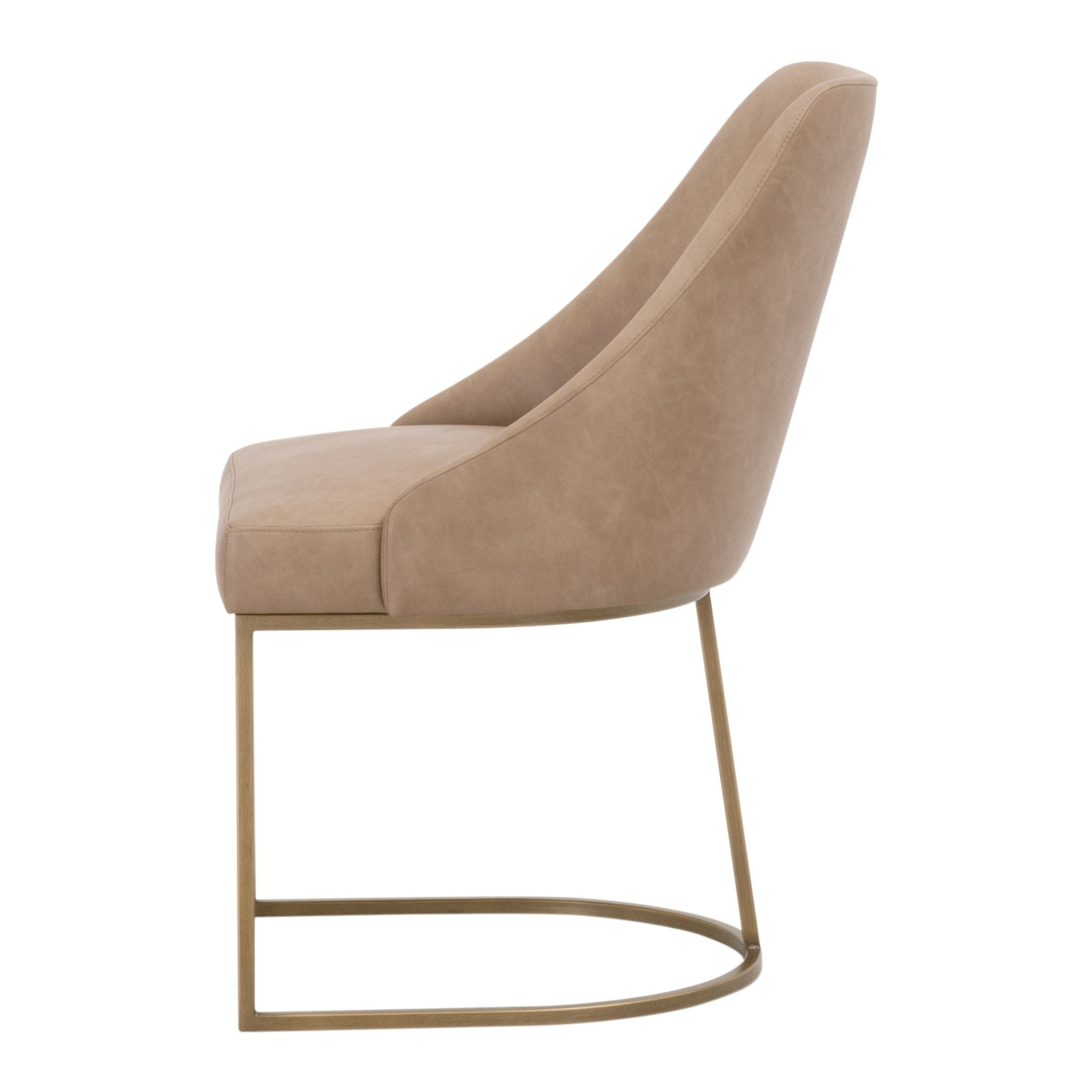 Side view of Parissa Dining Chair in Ivanhoe Toast vegan leather with brushed gold steel cantilever frame by Essentials for Living