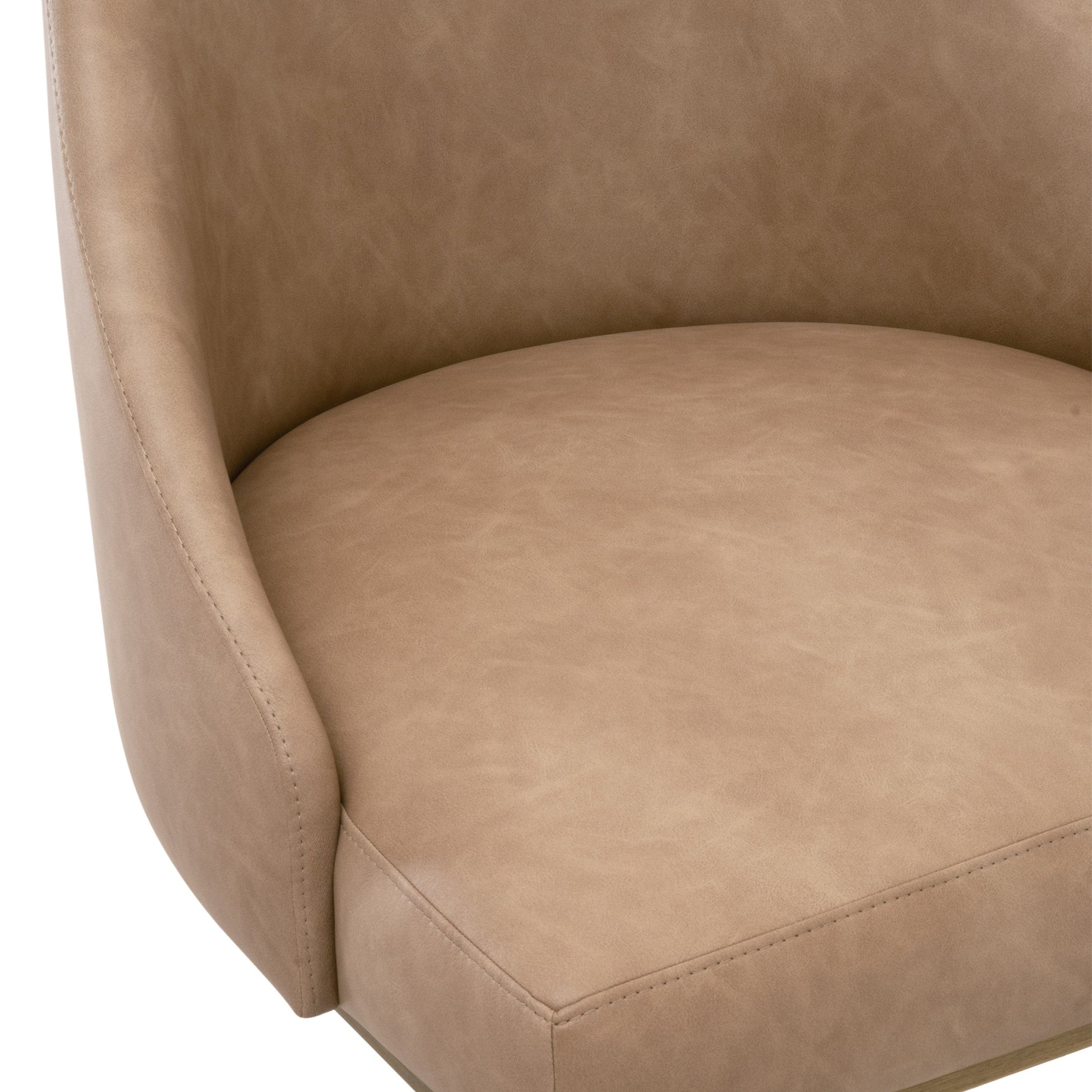 Close-up of Essentials For Living Parissa Dining Chair upholstered in Ivanhoe Toast vegan leather with curved backrest and smooth seat cushion