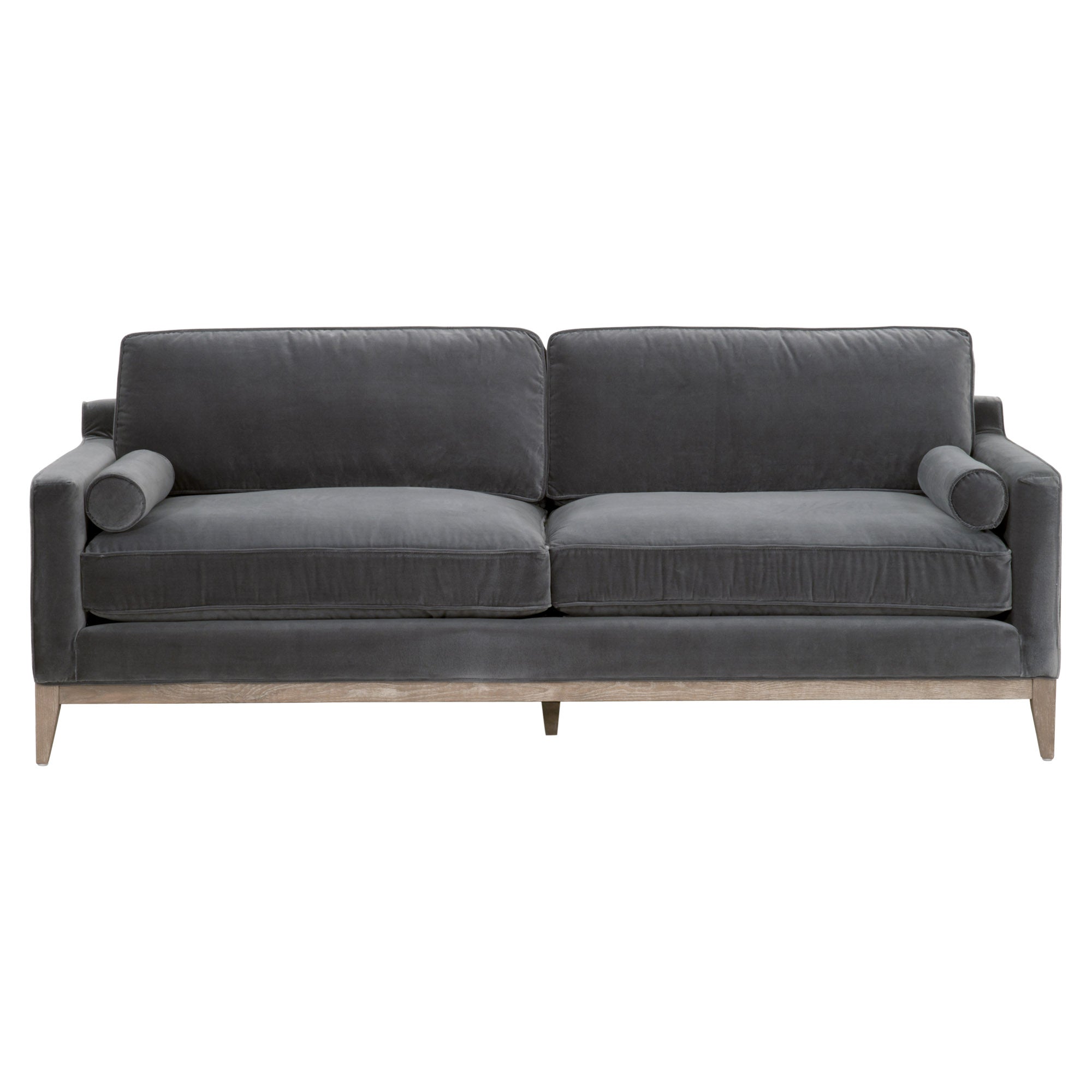 Essentials for Living Parker 86 post modern sofa in dark velvet with solid wood base and bolster pillows