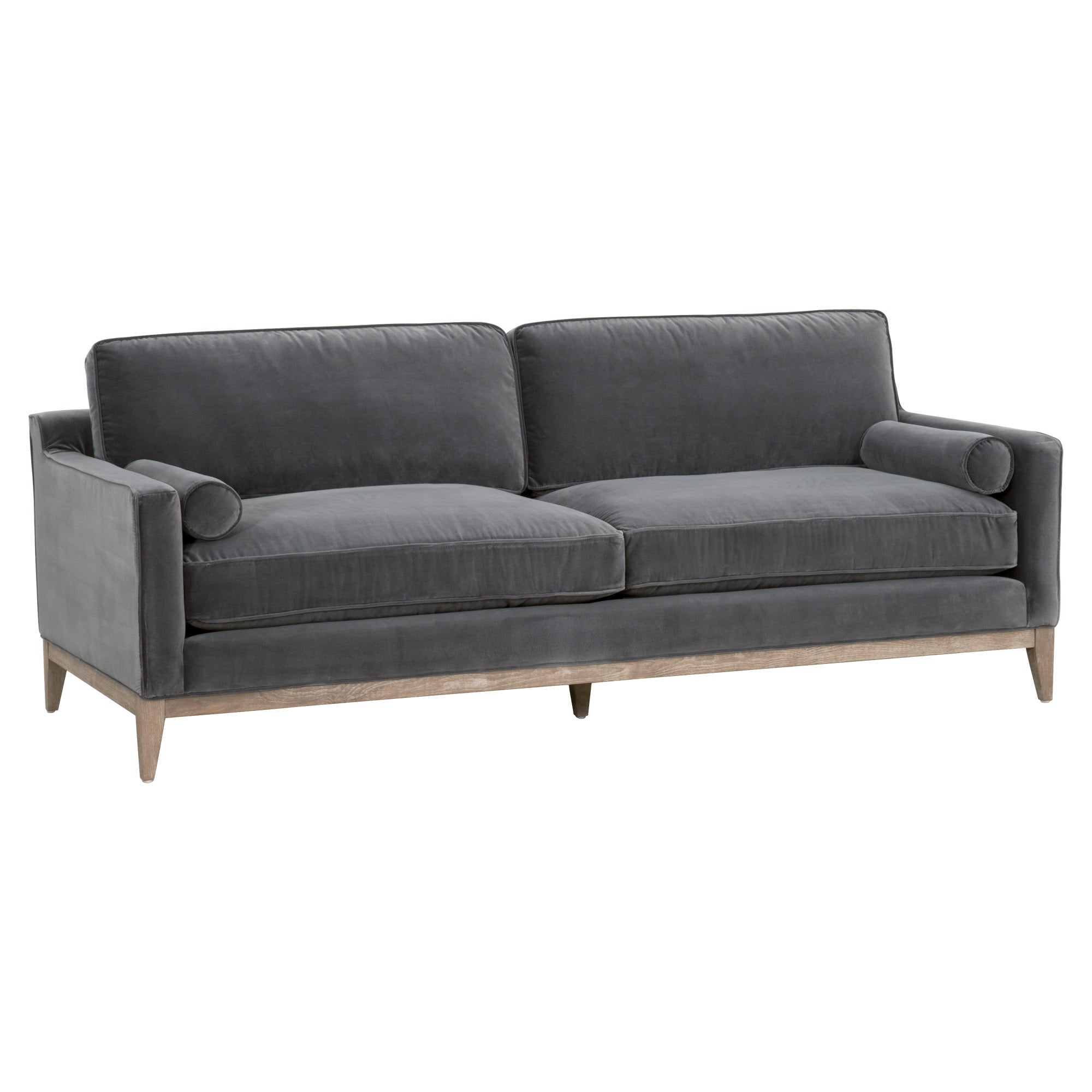 Essentials for Living Parker 86 Post Modern Sofa in charcoal velvet with solid natural oak base and bolster pillows