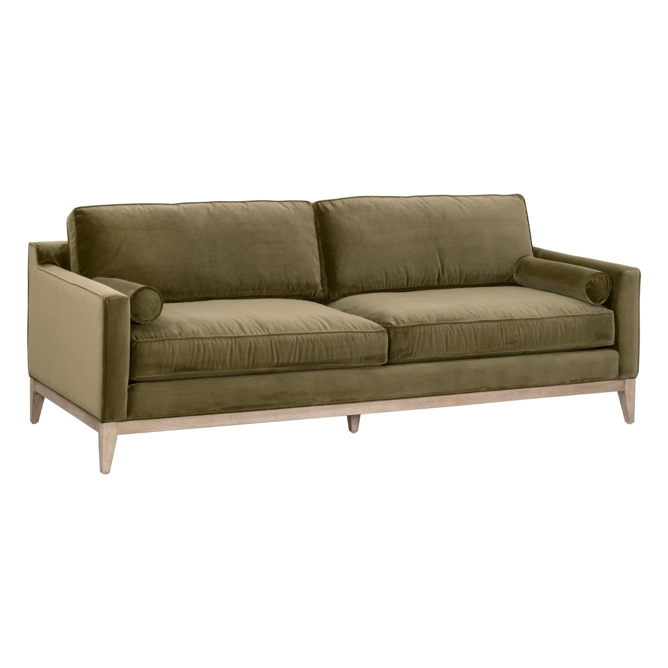 Essentials For Living Parker 86 sofa with olive green velvet upholstery and natural gray oak base in postmodern style