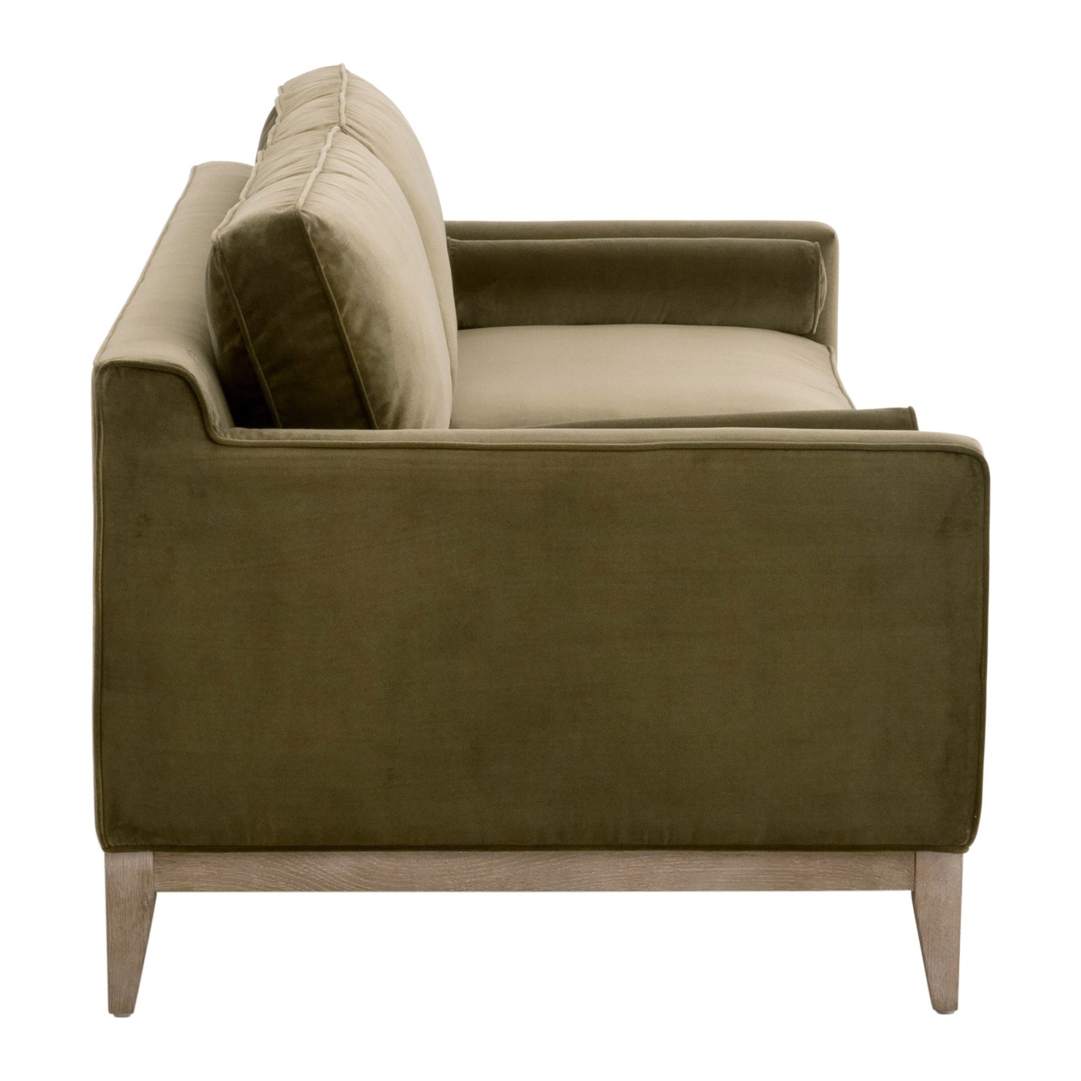 Side view of Essentials For Living Parker 86" olive green velvet sofa with natural gray oak legs and frame