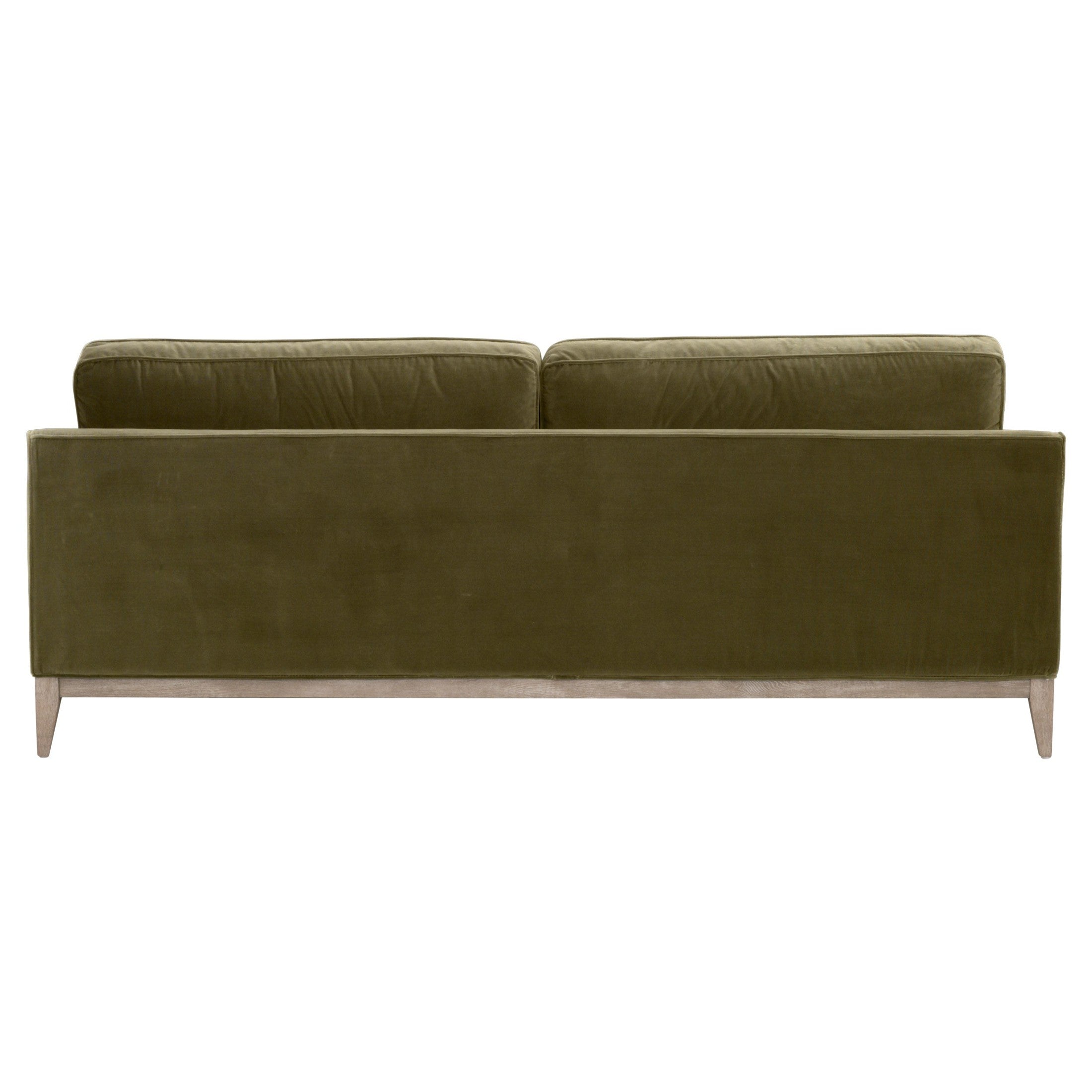 Back view of Parker 86" sofa by Essentials For Living with olive green velvet upholstery and natural gray oak base.
