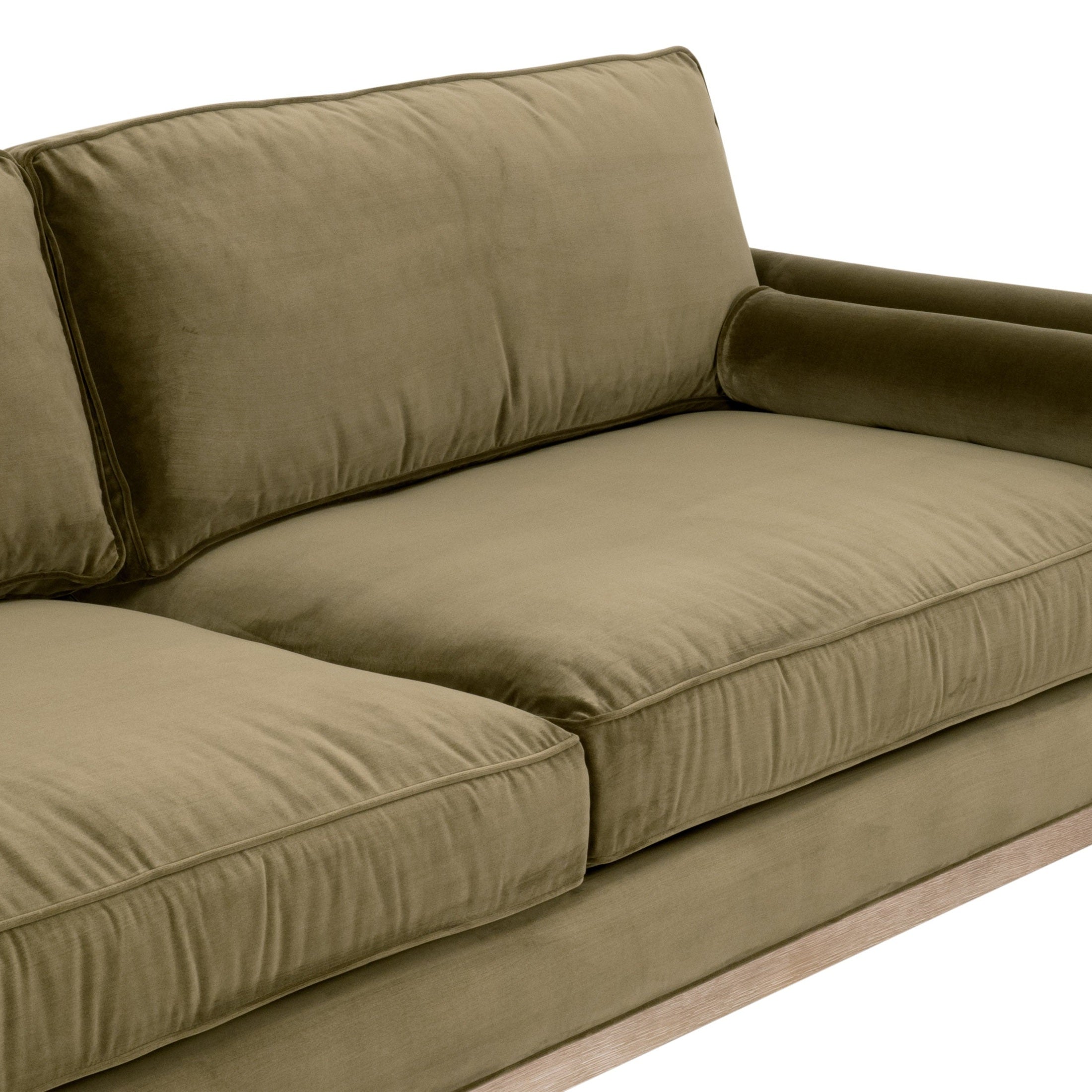 Olive green velvet Parker 86 post modern sofa with plush cushions and natural gray oak base by Essentials For Living