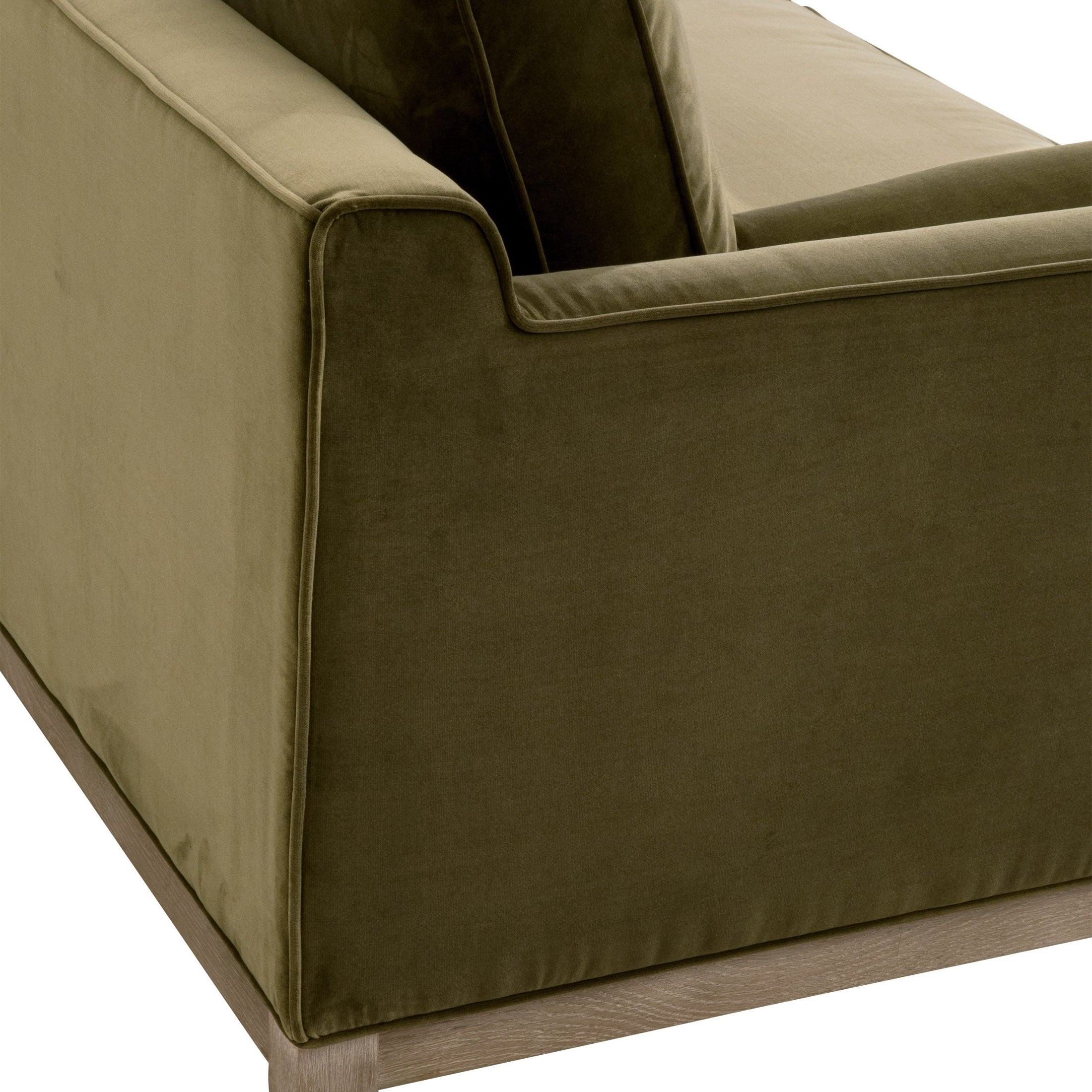 Close-up of the Parker 86" Post Modern Sofa upholstered in olive green velvet with a natural gray oak base by Essentials For Living