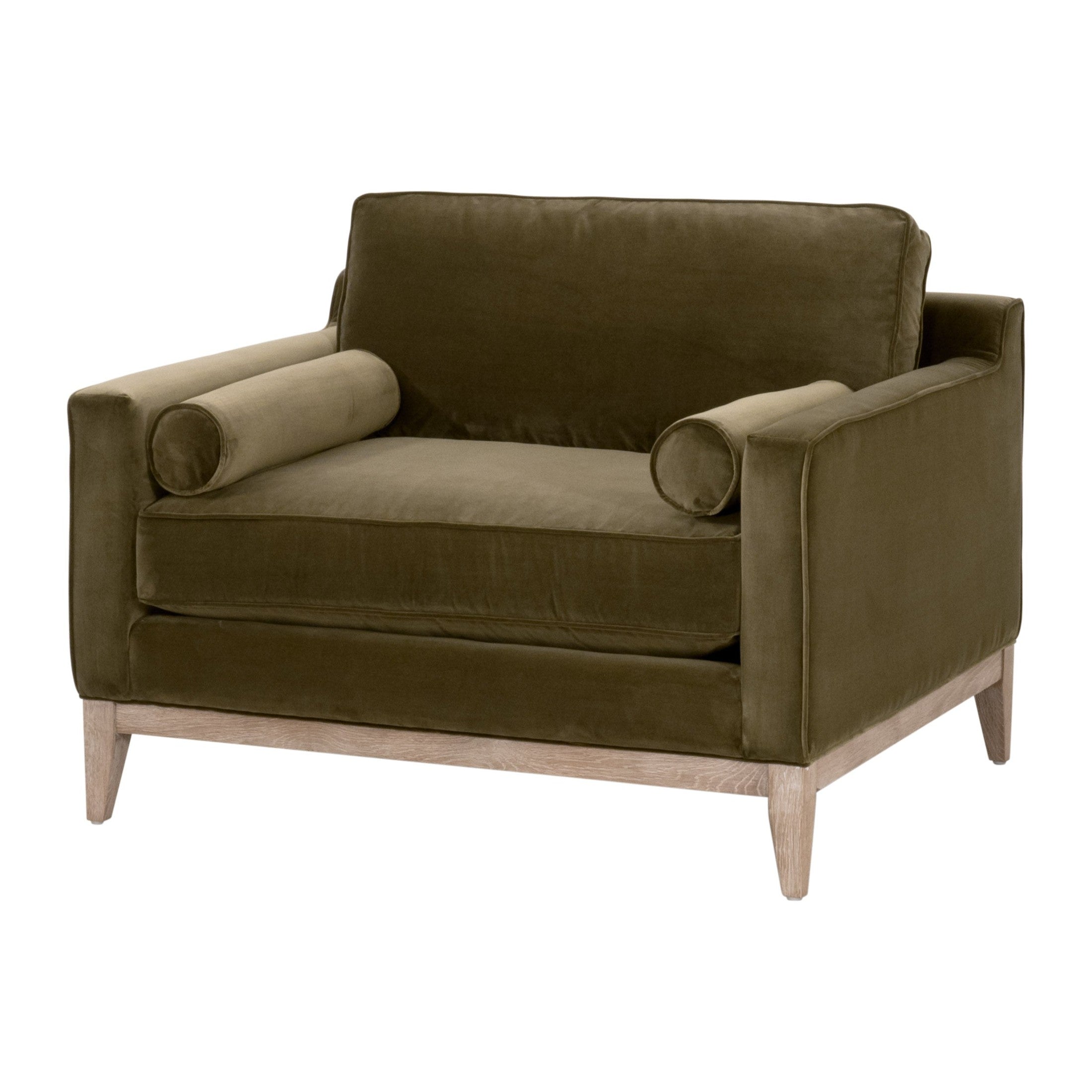 Essentials for Living Parker sofa chair in olive green velvet with natural gray oak base and two bolster pillows