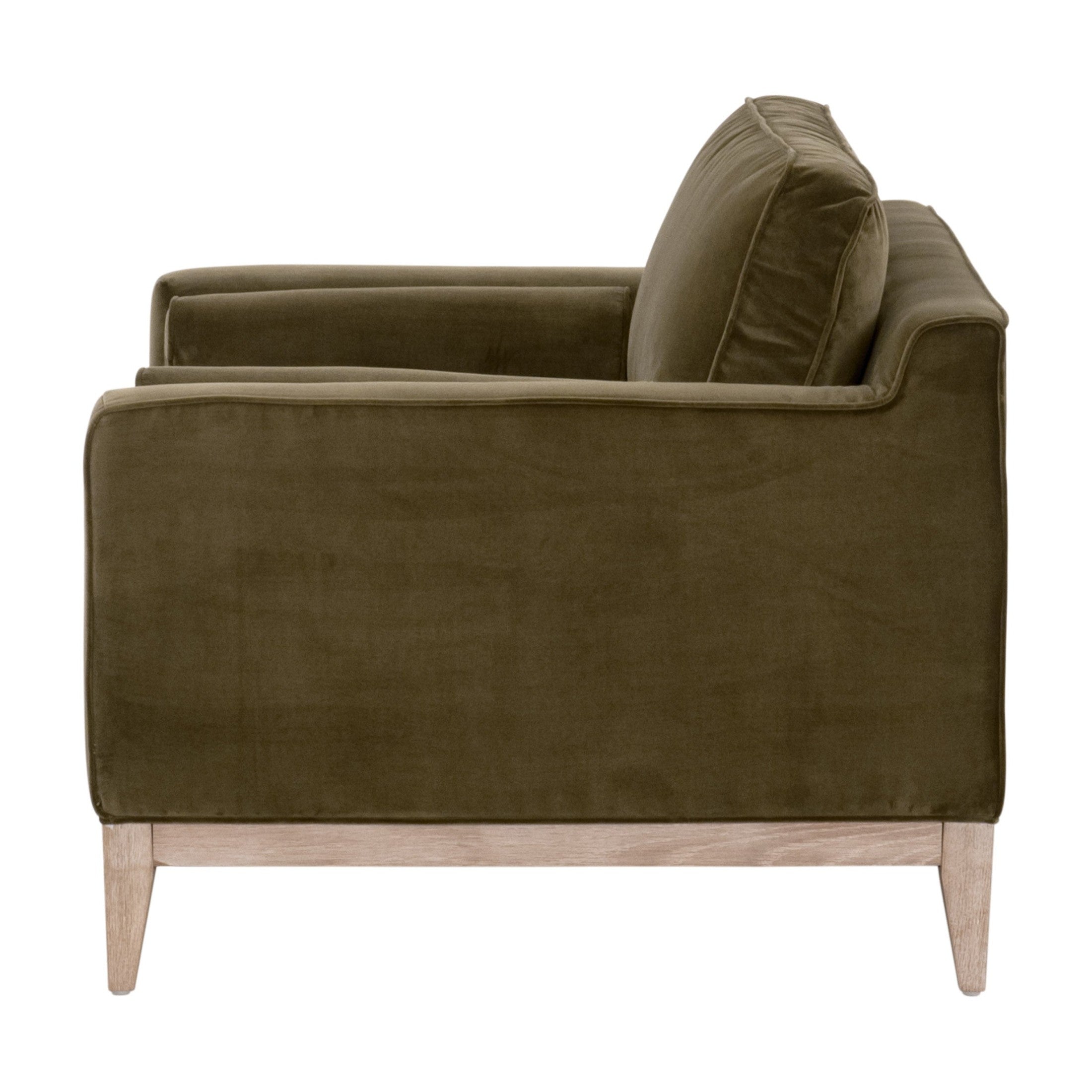 Side view of Essentials For Living Parker Post Modern Sofa Chair upholstered in olive green velvet with natural gray oak base