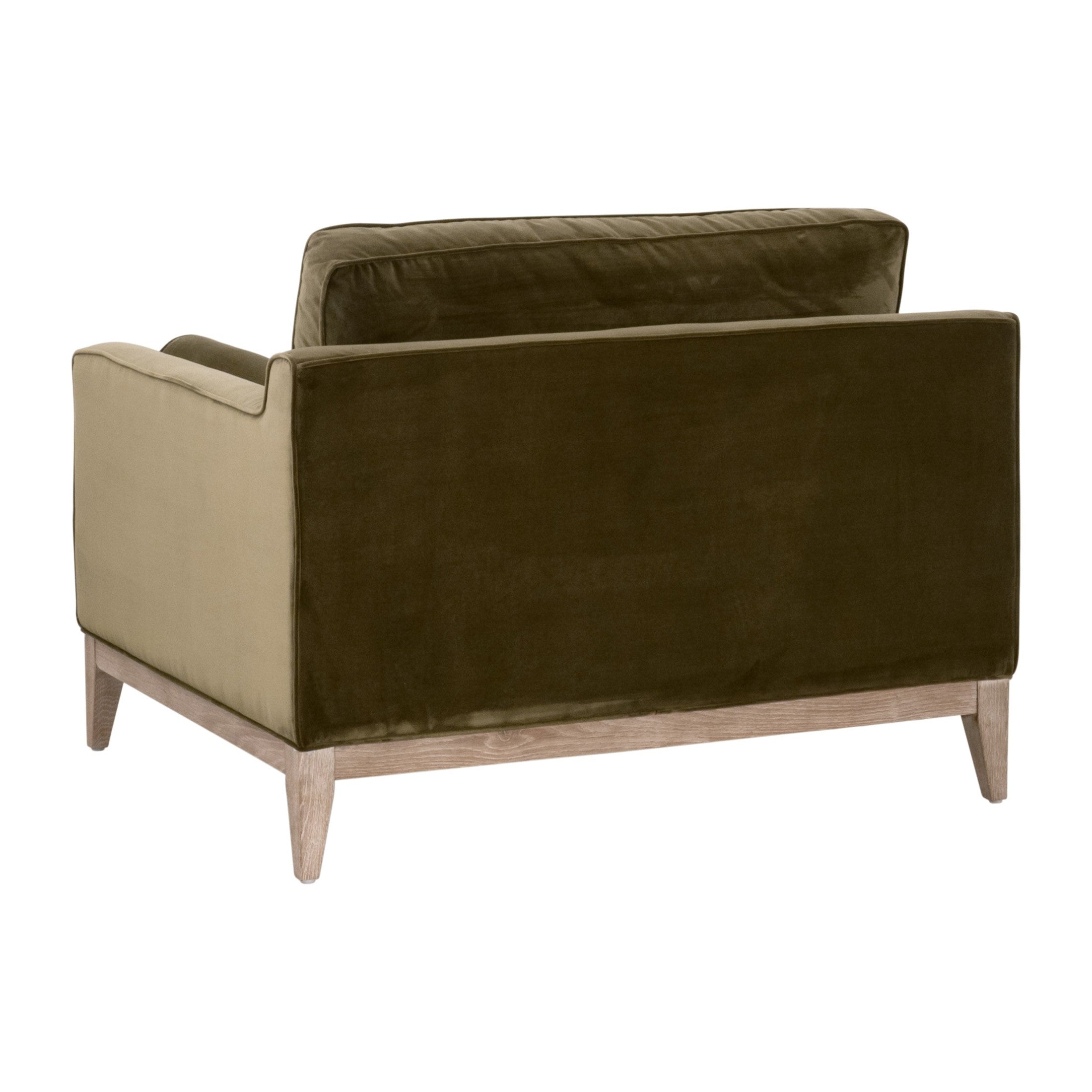 Olive green velvet Parker Post Modern Sofa Chair with natural gray oak base by Essentials For Living viewed from back angle