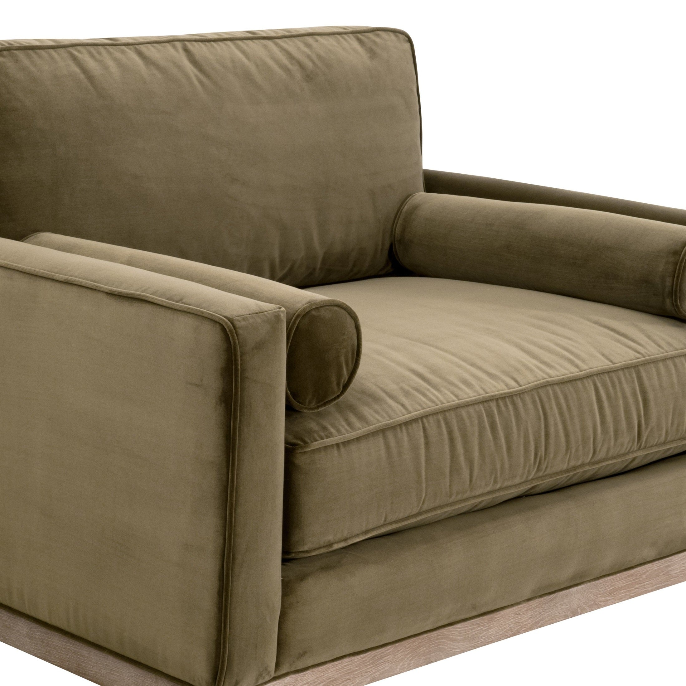 Olive green velvet Parker Post Modern Sofa Chair by Essentials for Living with natural gray oak base and bolster pillows
