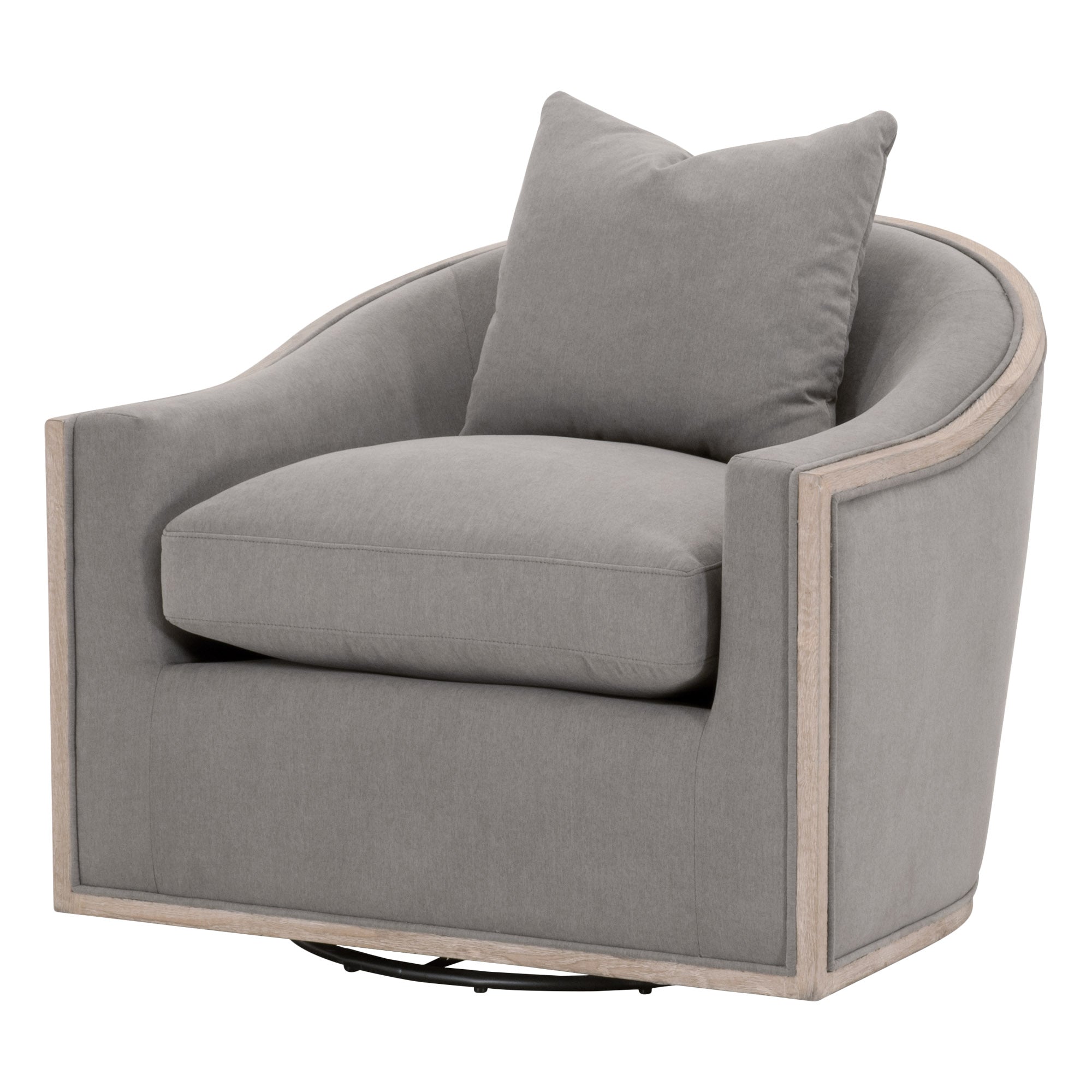 Essentials for Living Paxton swivel club chair with soft gray fabric and natural oak trim for stylish, comfortable seating.
