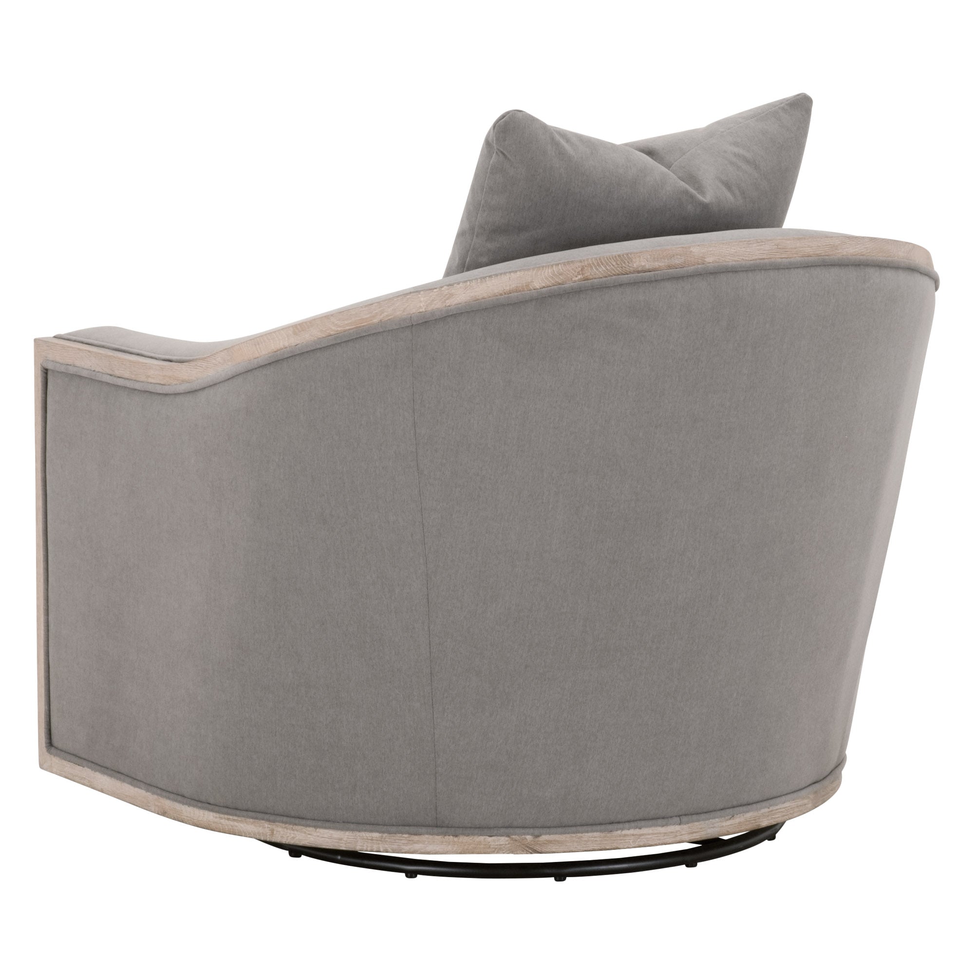 Paxton Swivel Club Chair by Essentials for Living in gray fabric with solid oak trim and 360-degree swivel base view from back
