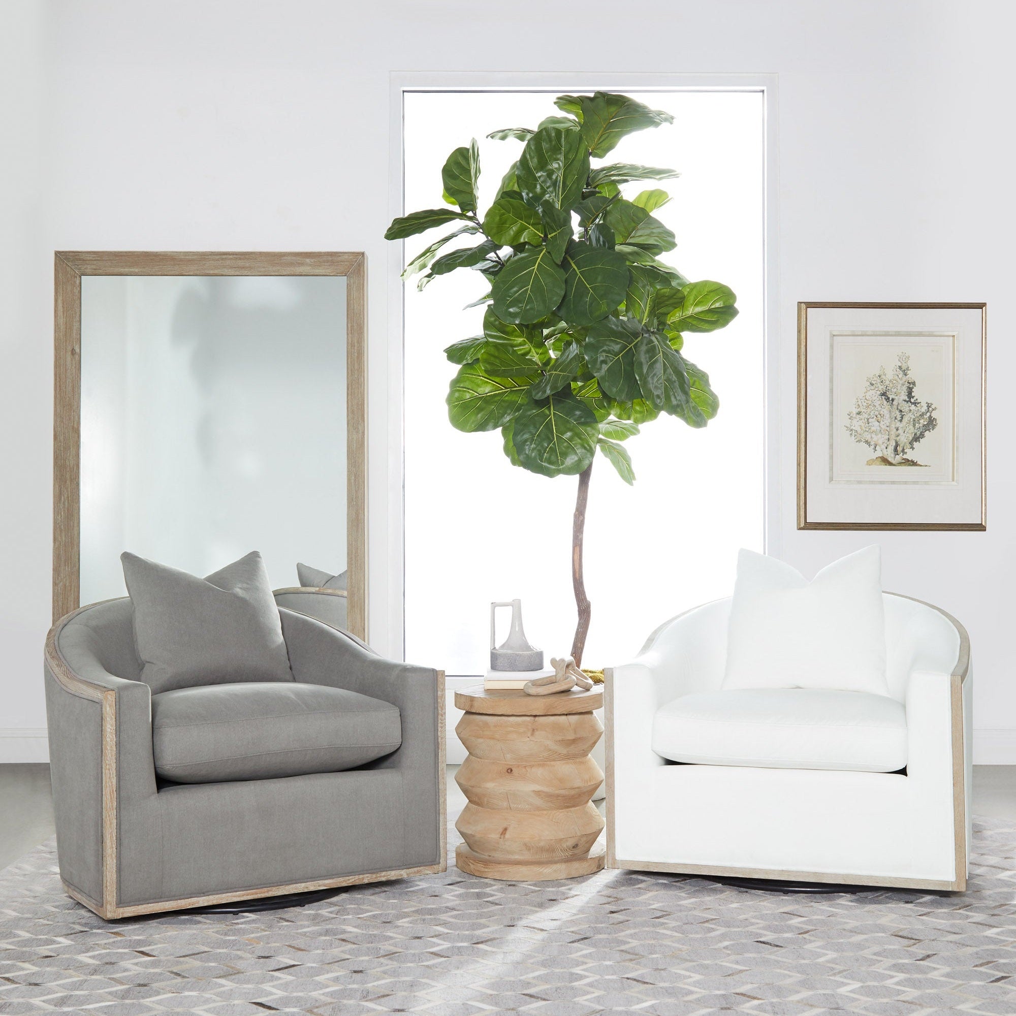 Two Paxton Swivel Club Chairs by Essentials For Living in gray and white with natural oak trim and cushions