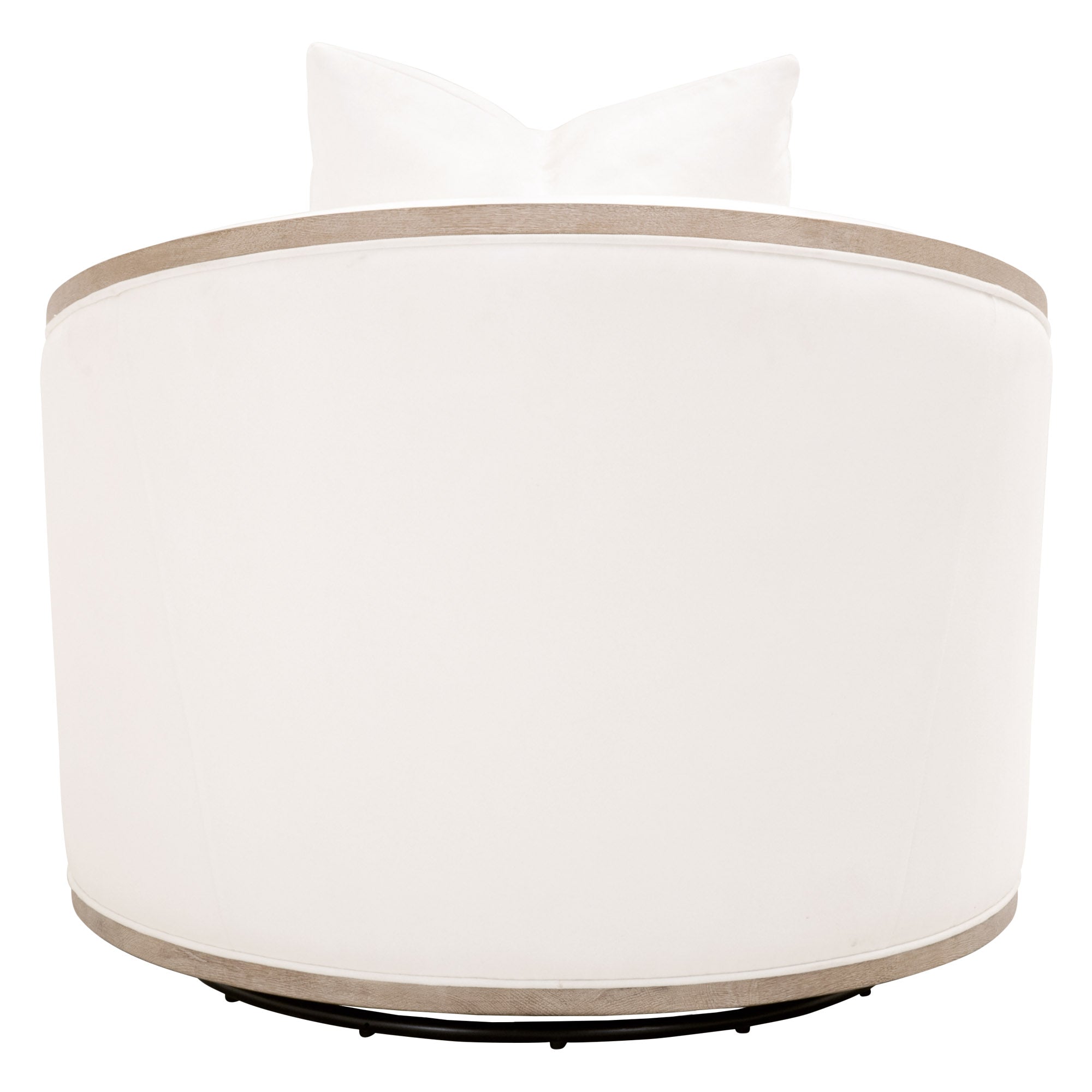 Back view of Essentials For Living Paxton Swivel Club Chair in light fabric with natural gray oak trim and throw pillow.