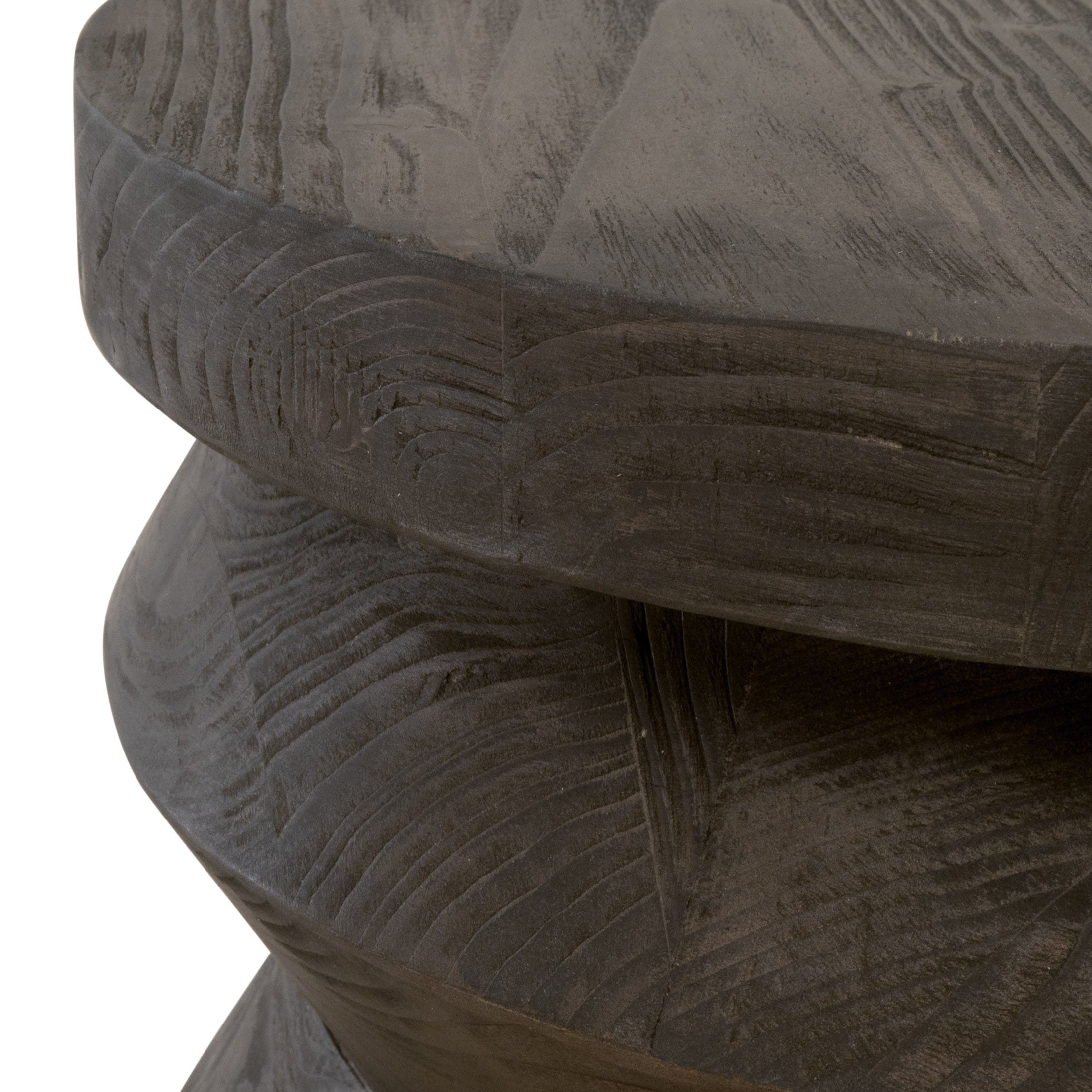 Close-up of smoke gray reclaimed pine wood grain on Essentials For Living Pier Accent Table with cylindrical shape