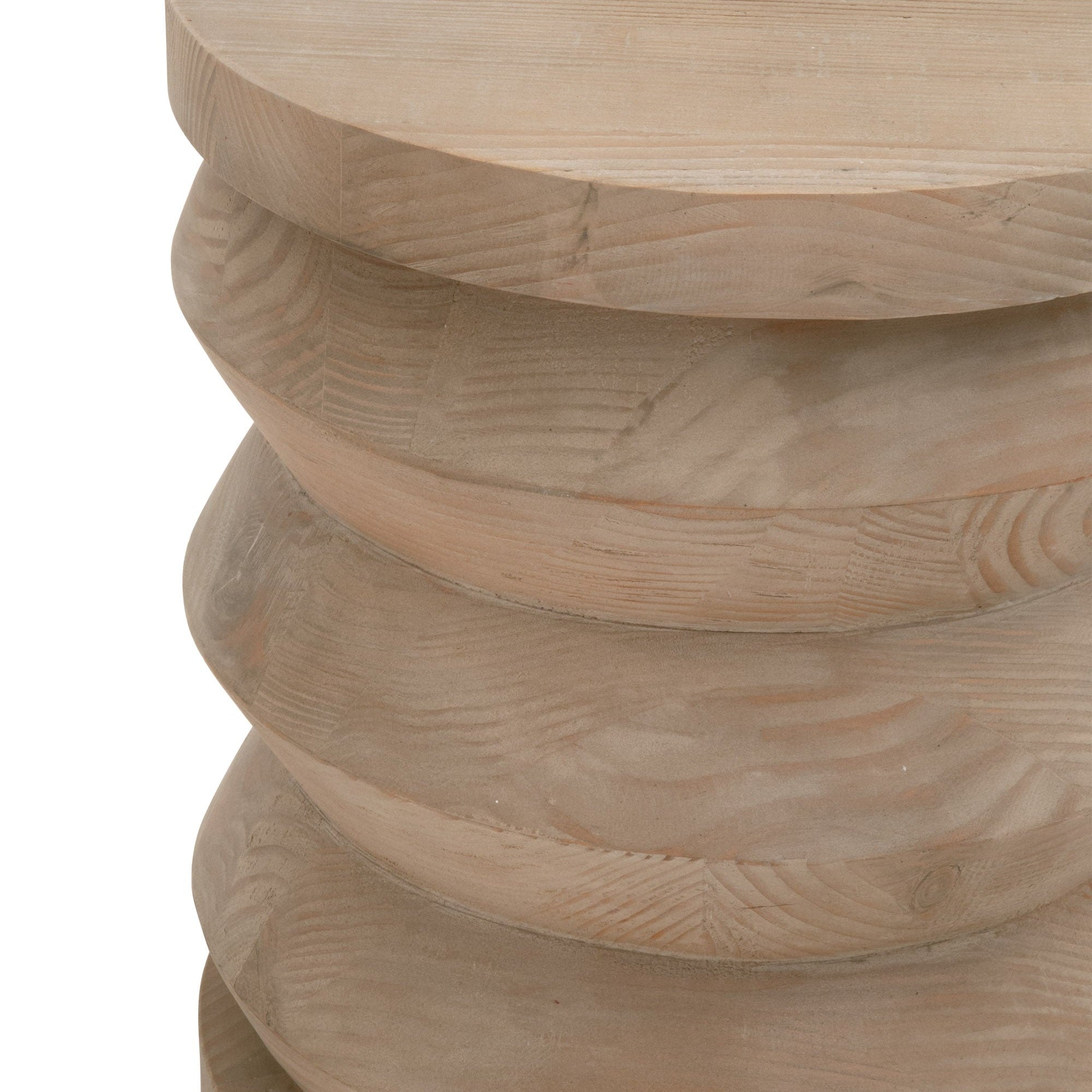 Close-up of the reclaimed pine wood texture and cylindrical shape of the Essentials For Living Pier Accent Table
