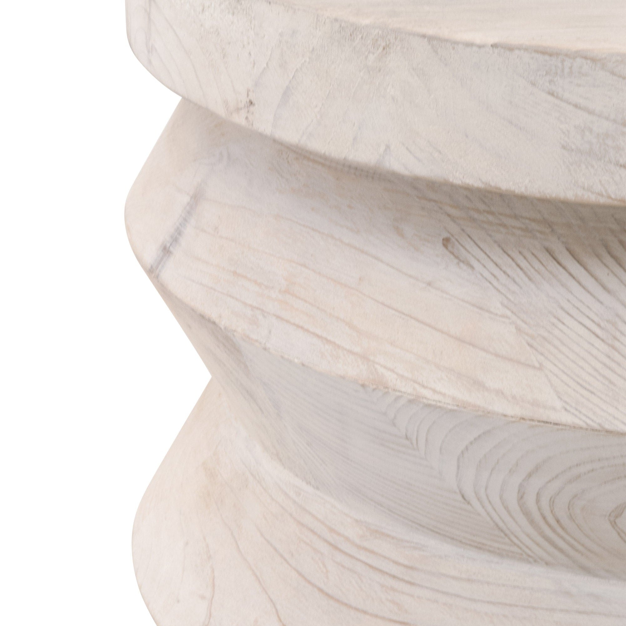 Close-up of the reclaimed pine wood grain and cylindrical shape of the Essentials For Living Pier Accent Table