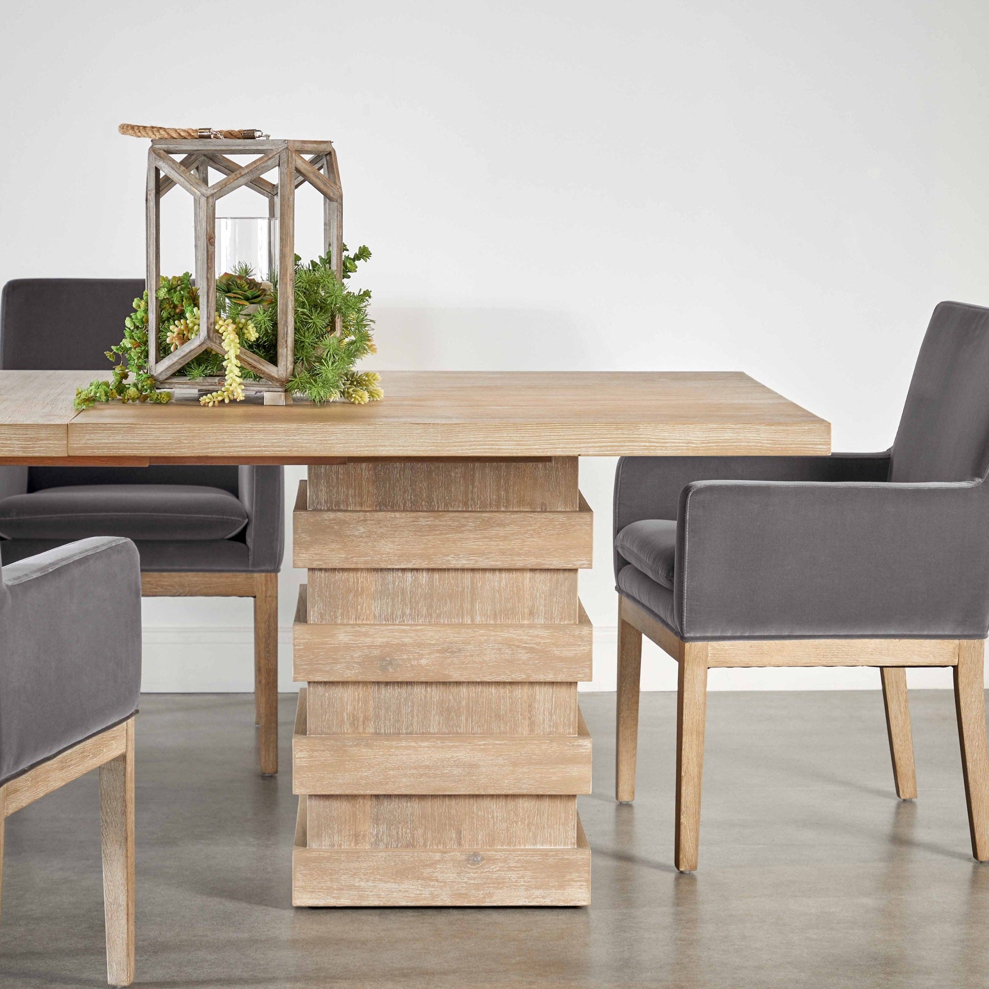 Plaza Extension Dining Table with stacked column base in natural gray acacia wood by Essentials for Living