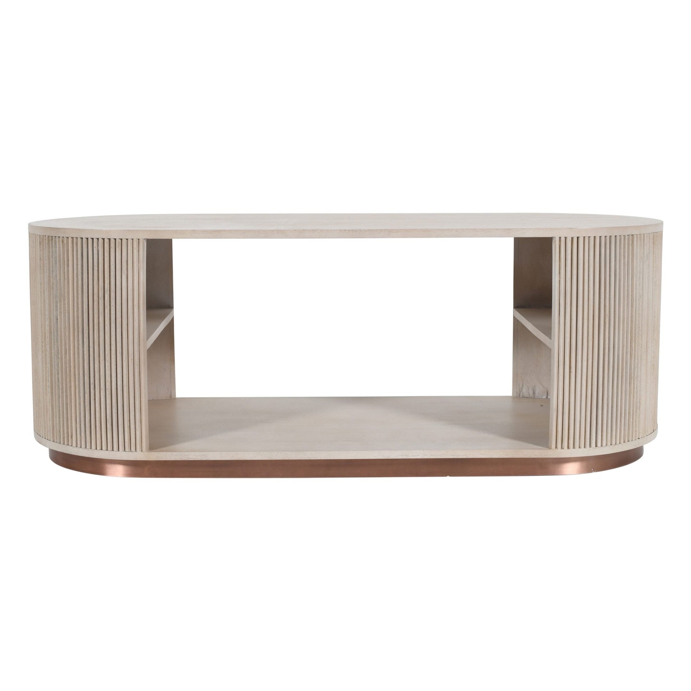 RIDGE COFFEE TABLE whitewashed wood with copper trim and curved edges, sculptural design by GO HOME