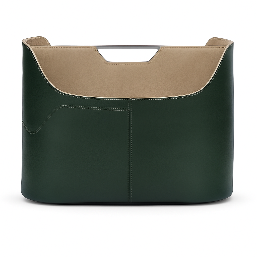 Raffi Olive Magazine Rack in dark green leather and suede with sleek design
