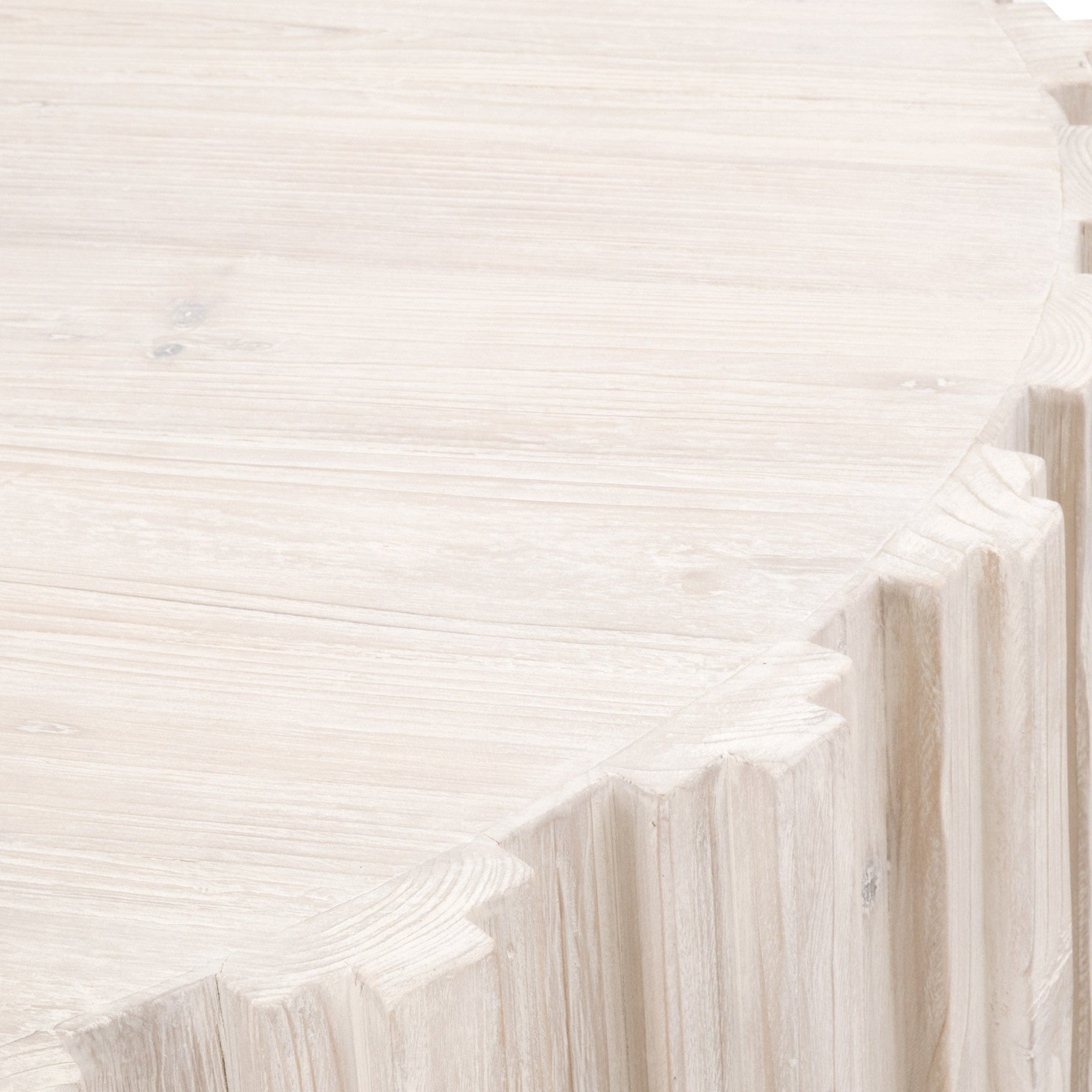 Close-up of Roma Coffee Table edge showing whitewashed reclaimed pine wood with decorative fluted detail by Essentials for Living