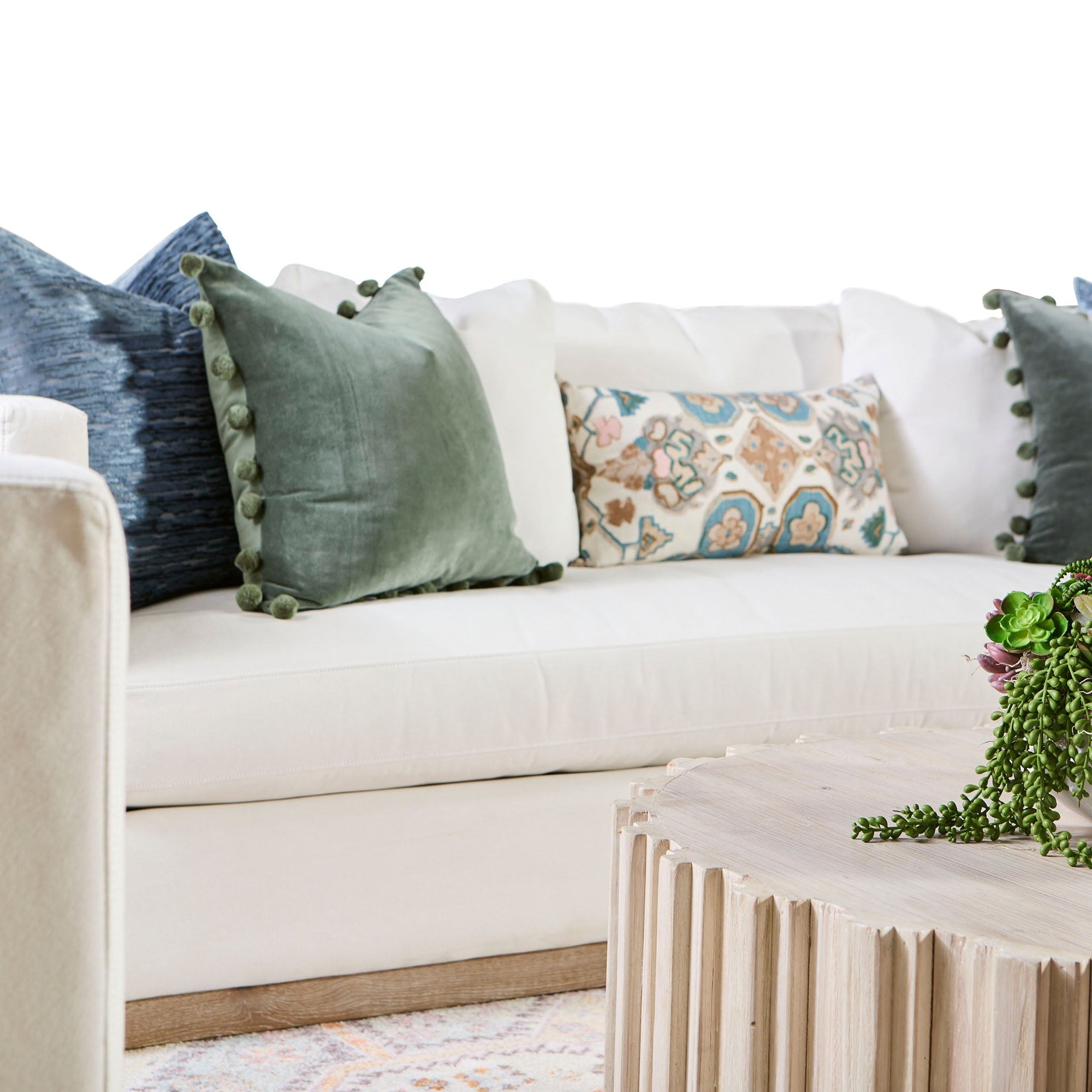 Round Roma Coffee Table in whitewashed reclaimed pine with decorative wood fluting and plinth base by Essentials For Living