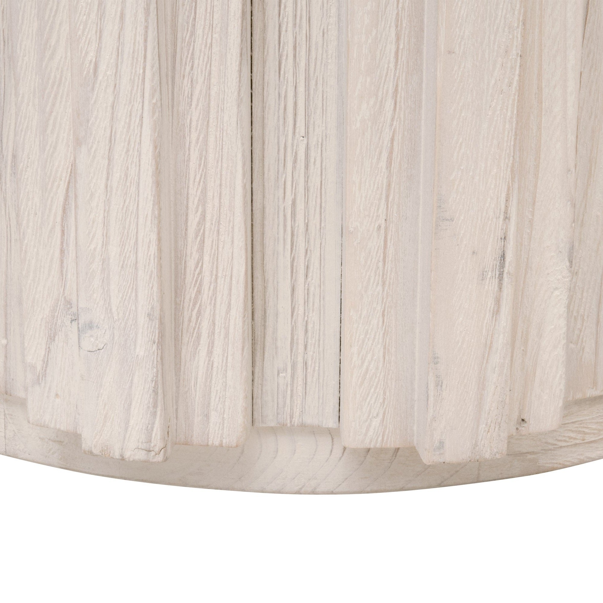 Close-up of the smoke-gray reclaimed pine wood fluted sides and plinth base of the Roma End Table by Essentials for Living