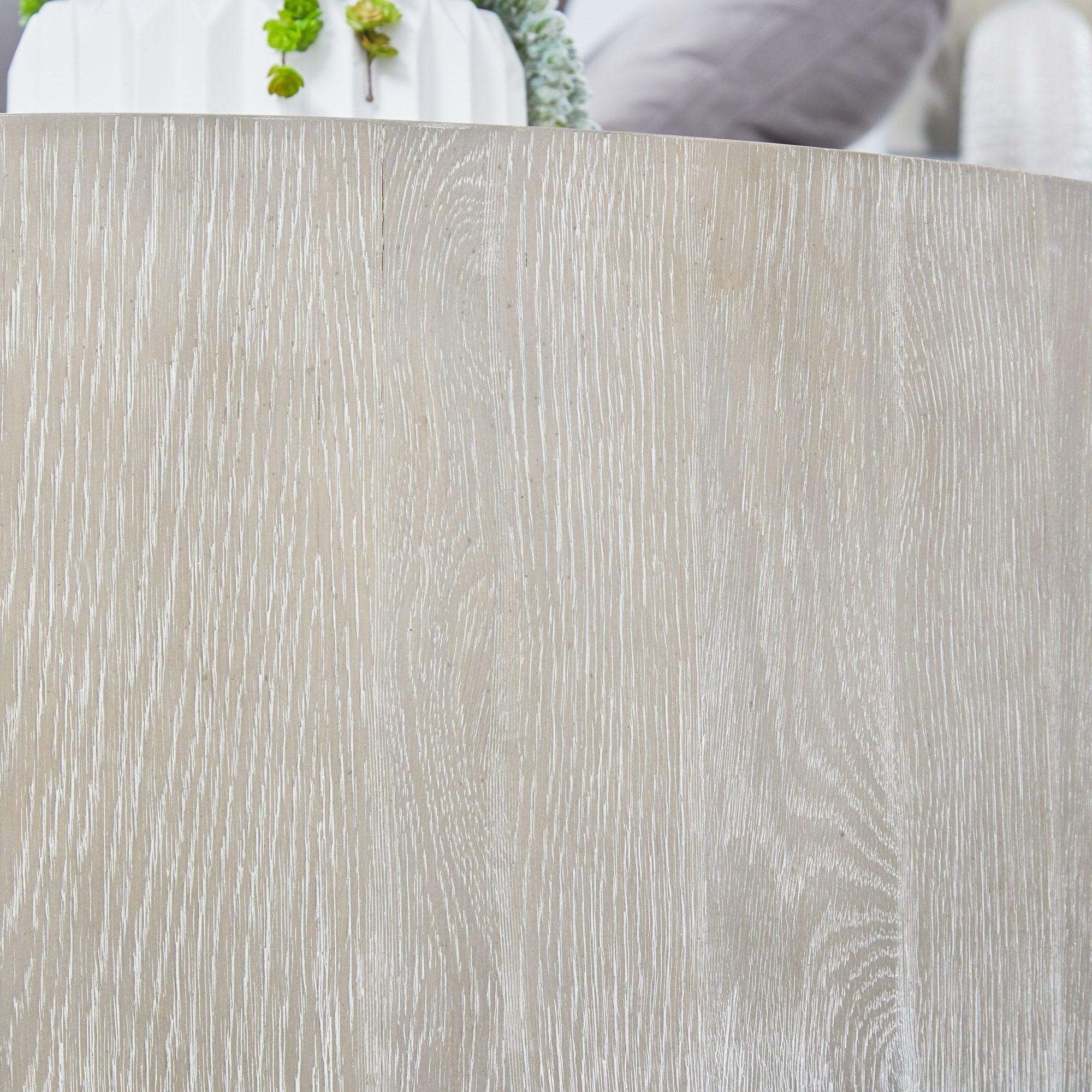 Close-up of natural gray oak veneer surface on Roto Large Coffee Table by Essentials for Living.