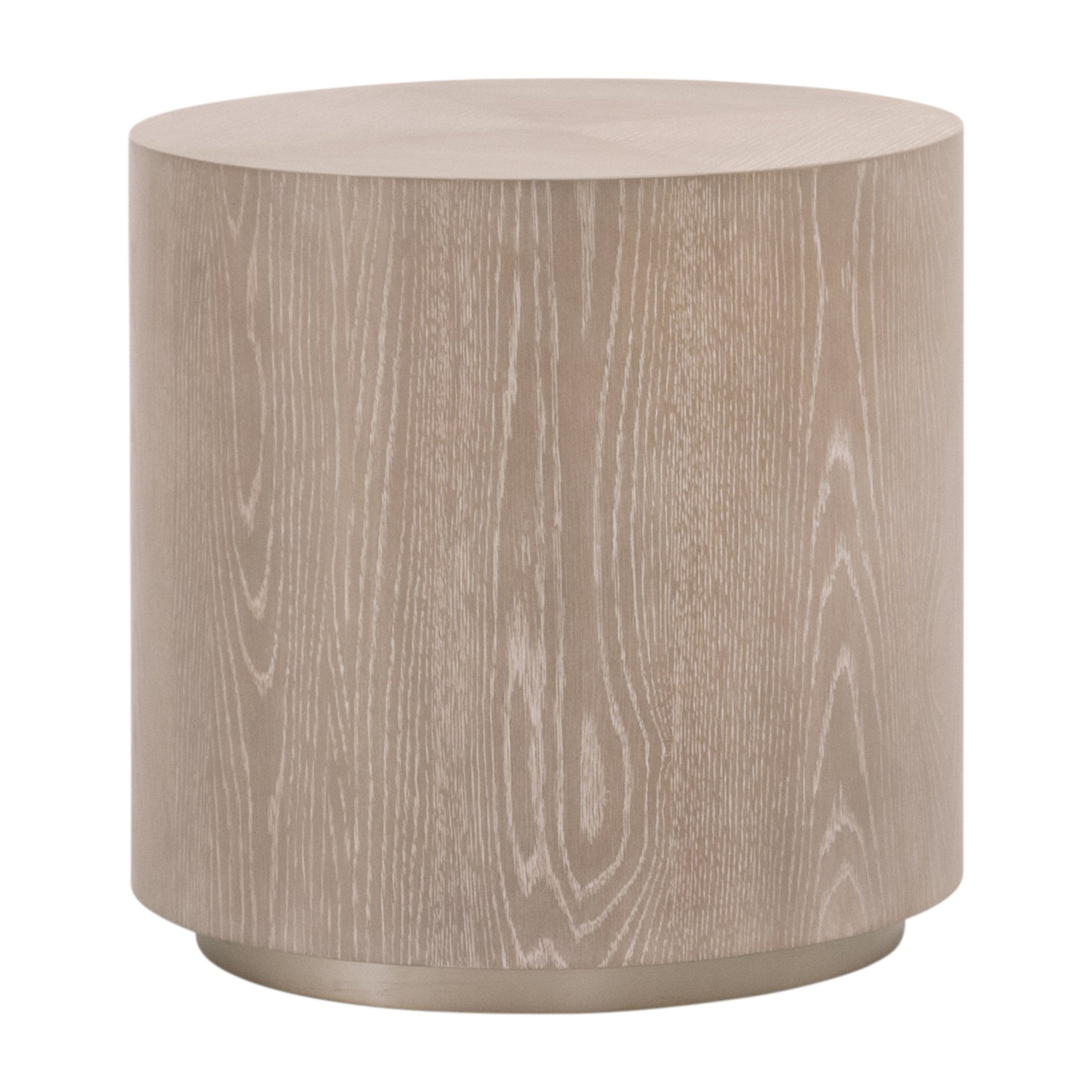 Roto Large End Table in natural gray oak veneer with brushed silver trim, round minimalist design by Essentials for Living