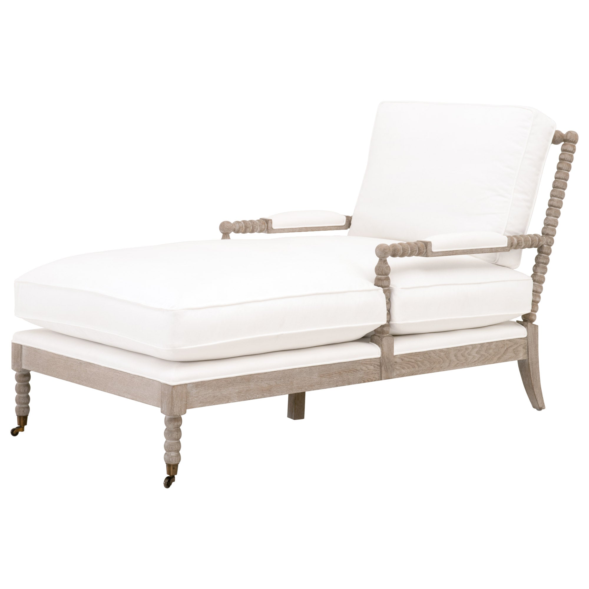 Rouleau Chaise Lounge with natural gray oak frame and white cushions by Essentials for Living