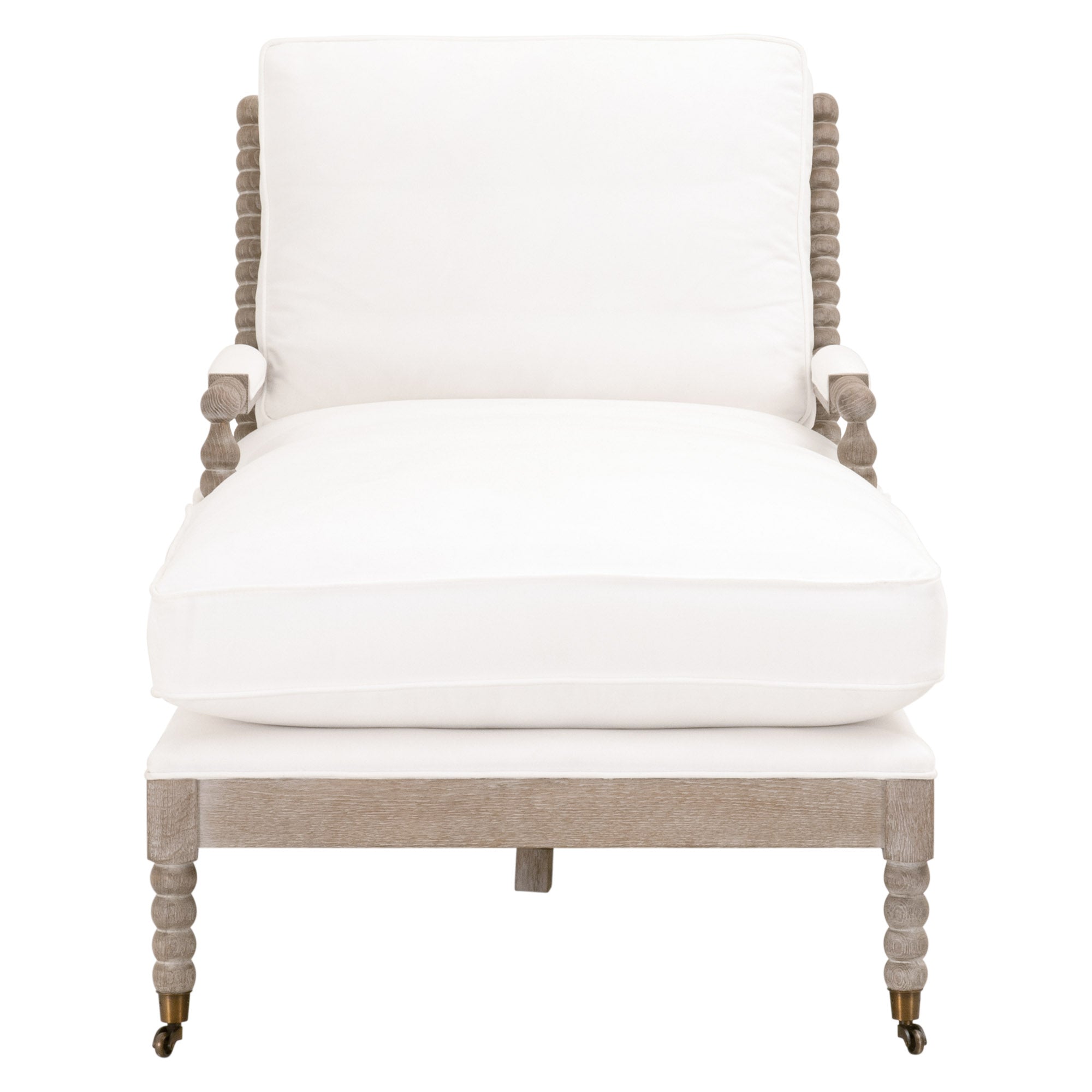 Front view of Rouleau Chaise Lounge with white cushions and carved natural gray oak frame by Essentials for Living.